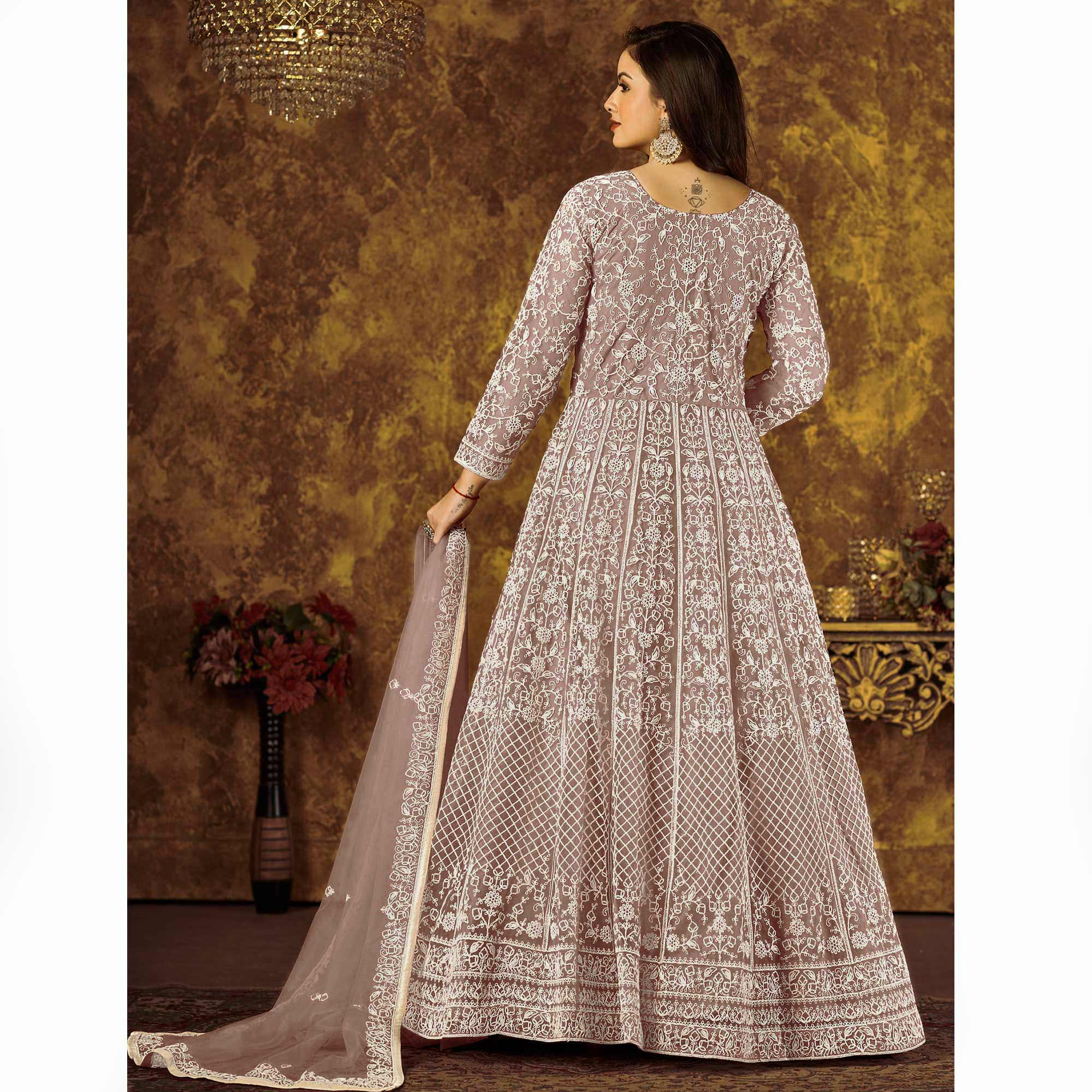 Mauve Floral Embroidered Net Semi Stitched Anarkali Suit