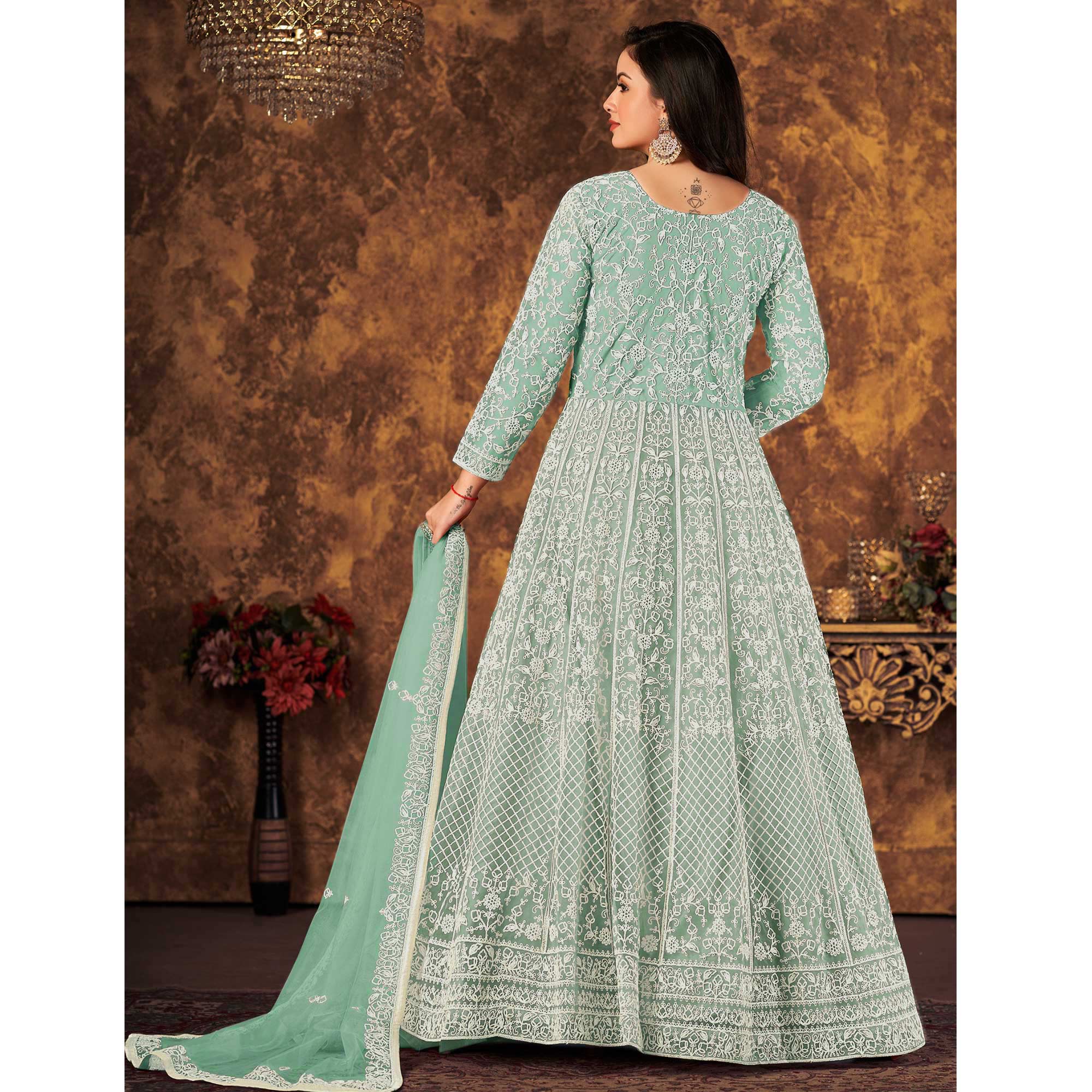 Green Floral Embroidered Net Semi Stitched Anarkali Suit