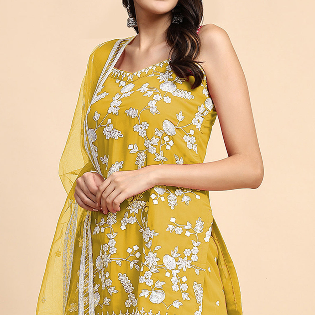 Yellow Floral Sequins Embroidered Georgette Semi Stitched Suit