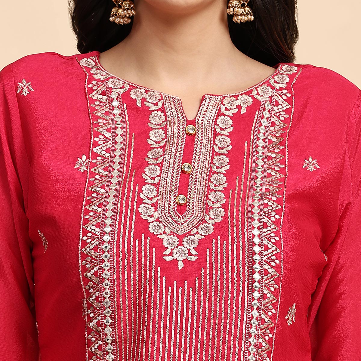 Pink Embroidered Chinon Semi Stitched Suit