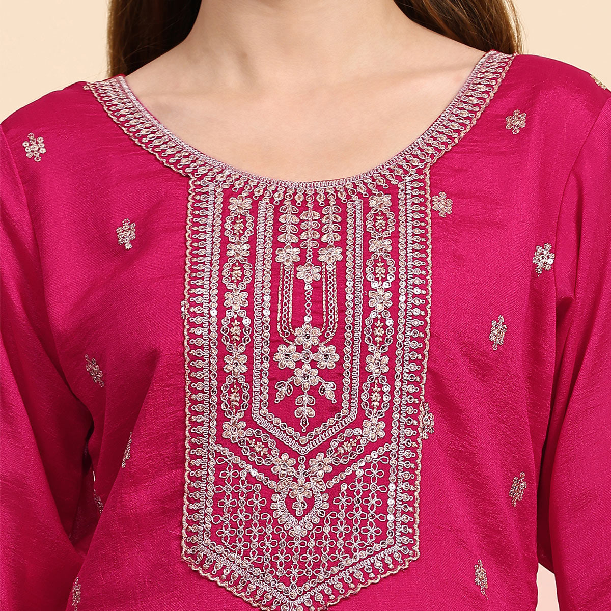 Pink Embroidered Dola Silk Straight Semi Stitched Suit