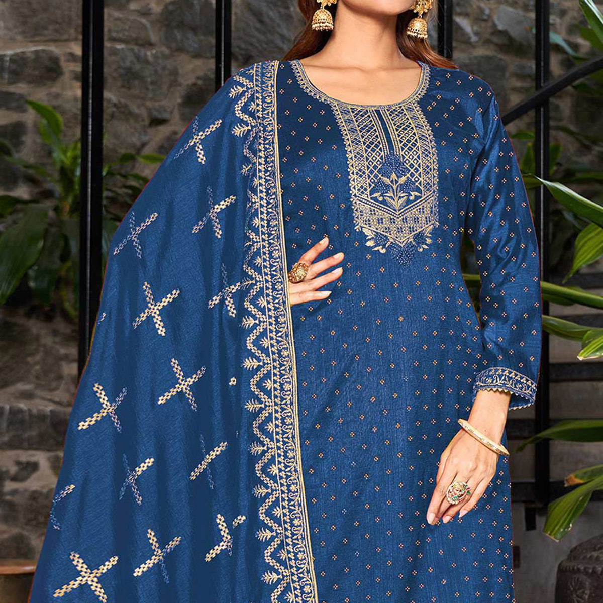 Blue Embroidered Vichitra Silk Semi Stitched Salwar Suit
