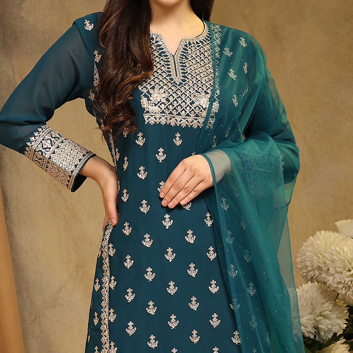 Morpich Floral Embroidered Georgette Semi Stitched Suit