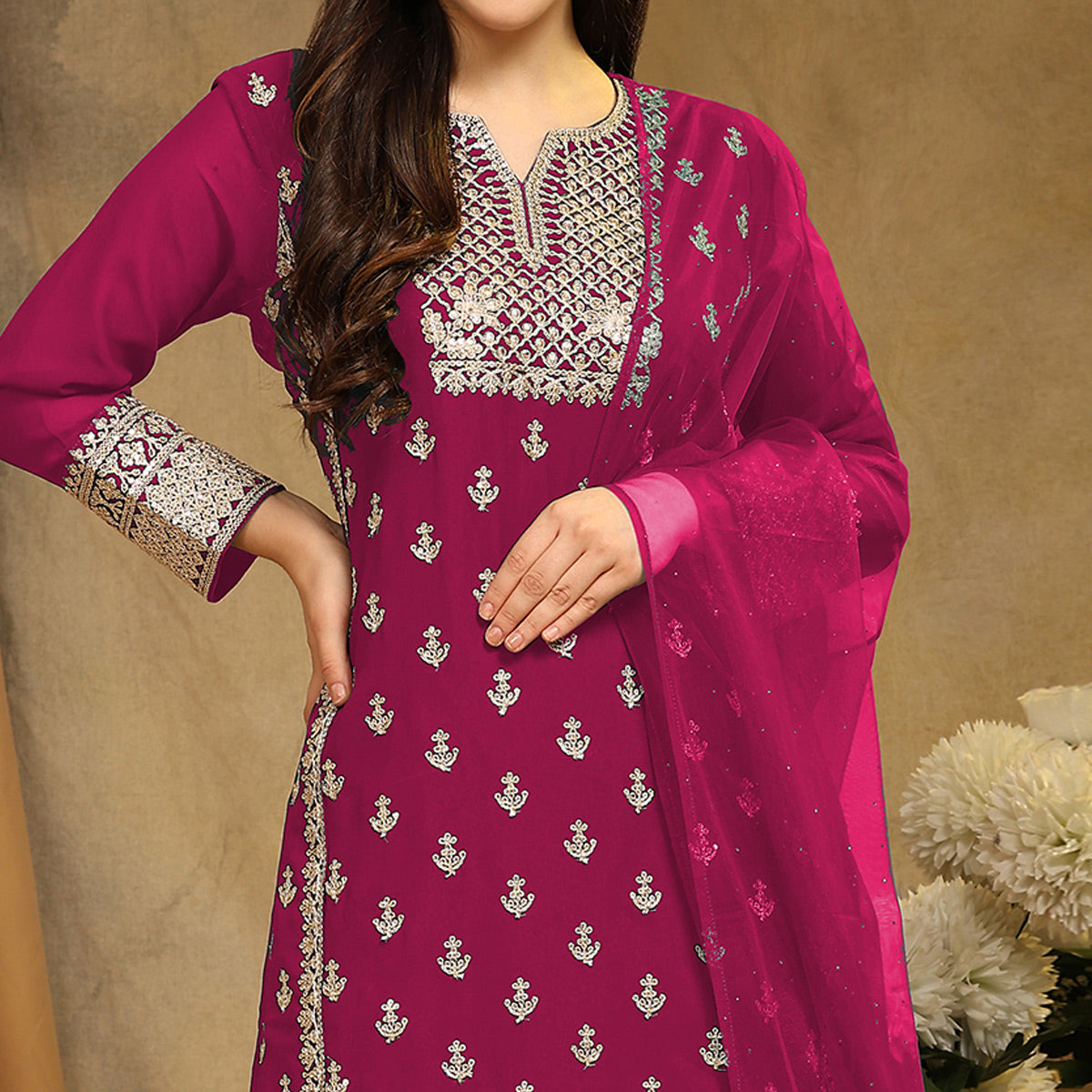 Pink Floral Embroidered Georgette Semi Stitched Suit