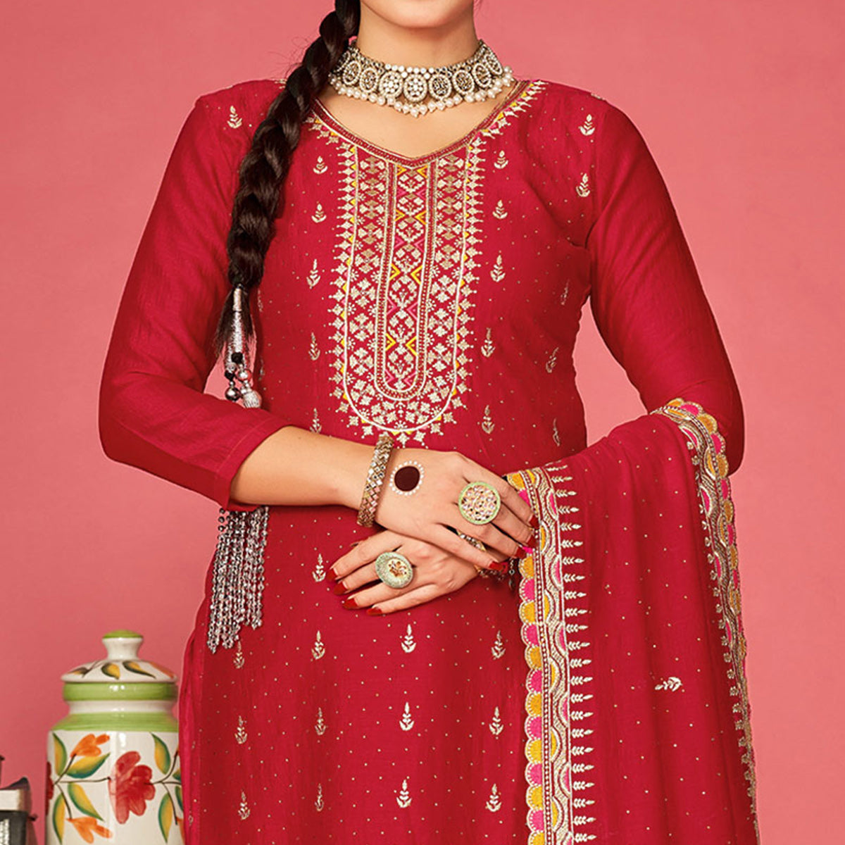 Red Embroidered With Swarovski Vichitra Silk Semi Stitched Suit