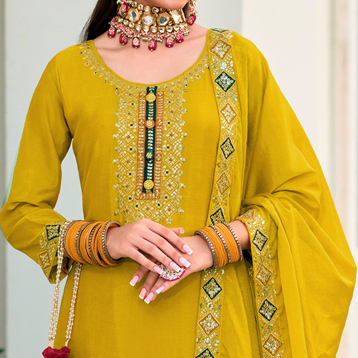Yellow Embroidered Georgette Semi Stitched Palazzo Suit