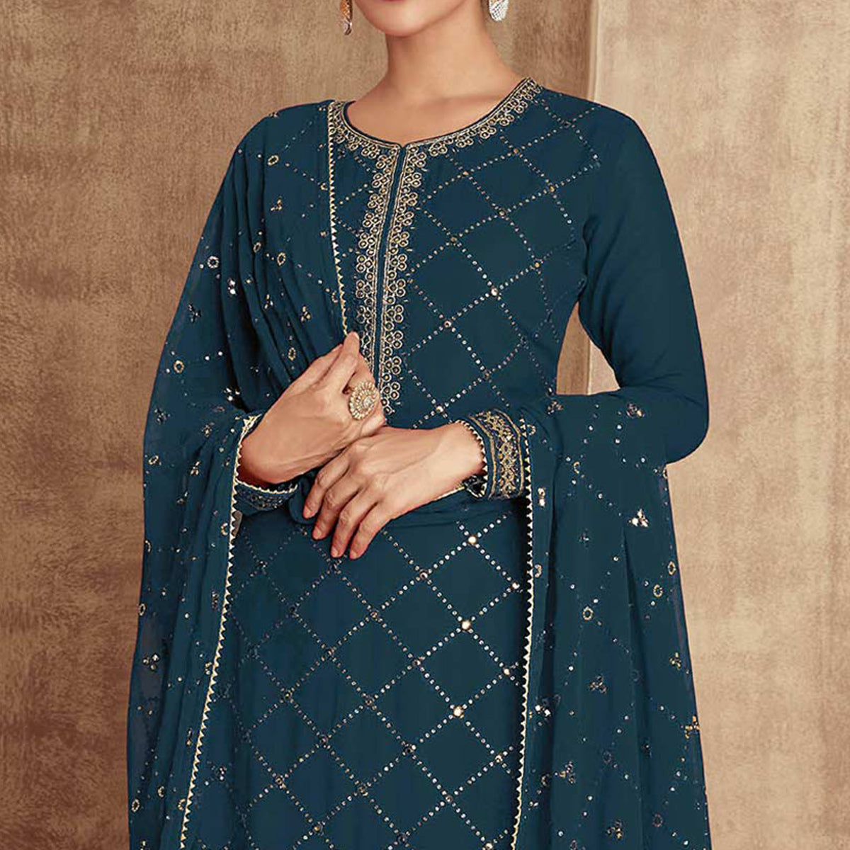 Blue Sequins Embroidered Georgette Semi Stitched Palazzo Suit