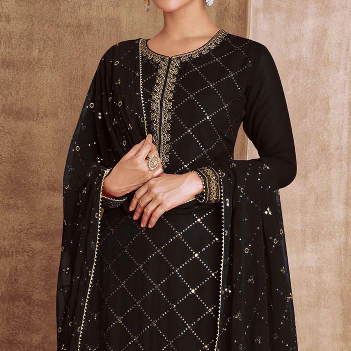 Black Sequins Embroidered Georgette Semi Stitched Palazzo Suit