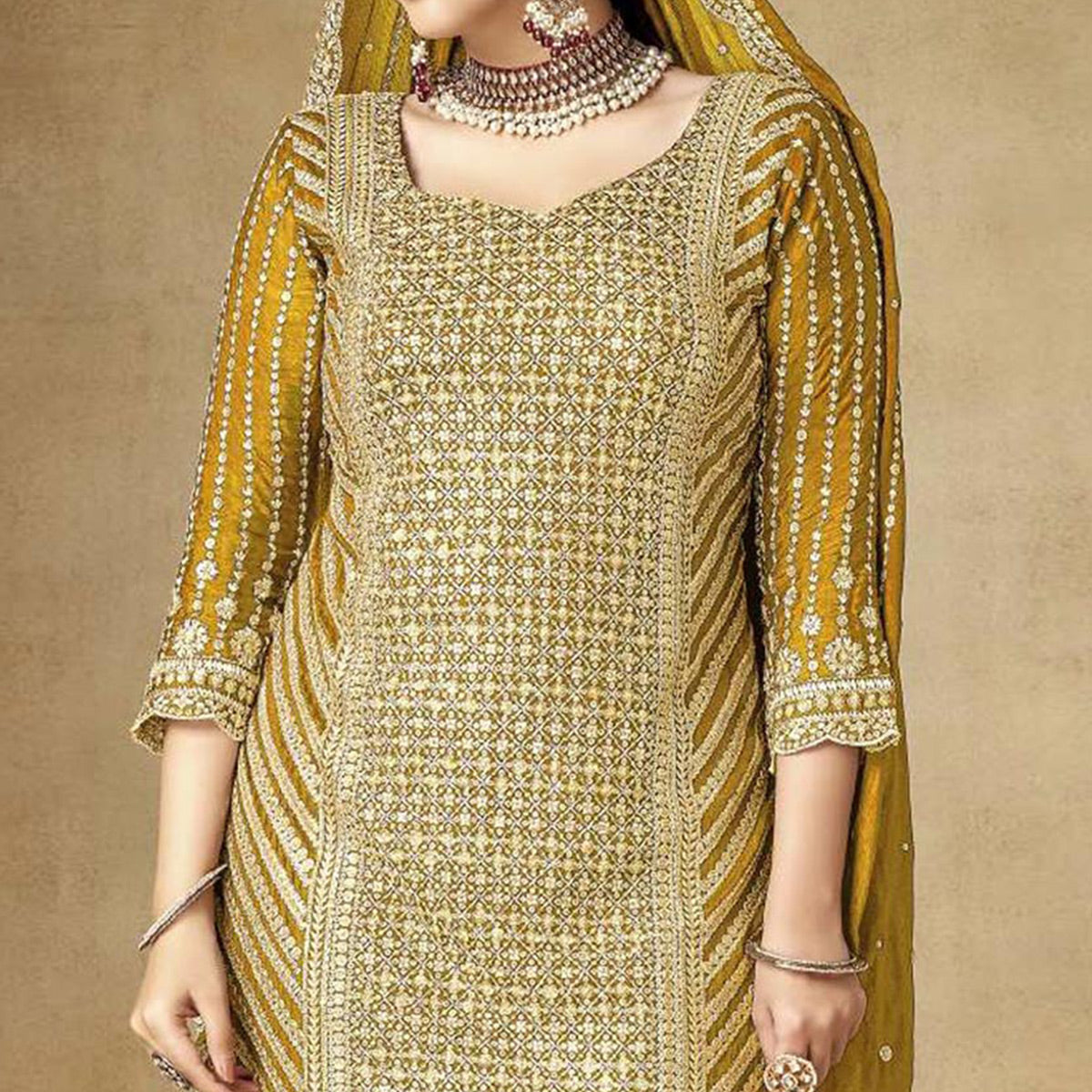Mustard Sequins Embroidered Chinon Semi Stitched Sharara Suit