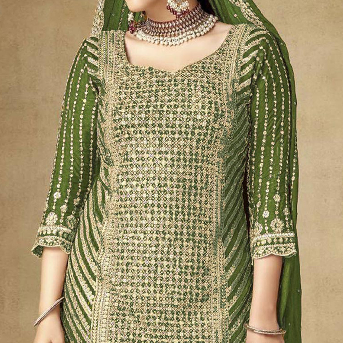Green Sequins Embroidered Chinon Semi Stitched Sharara Suit