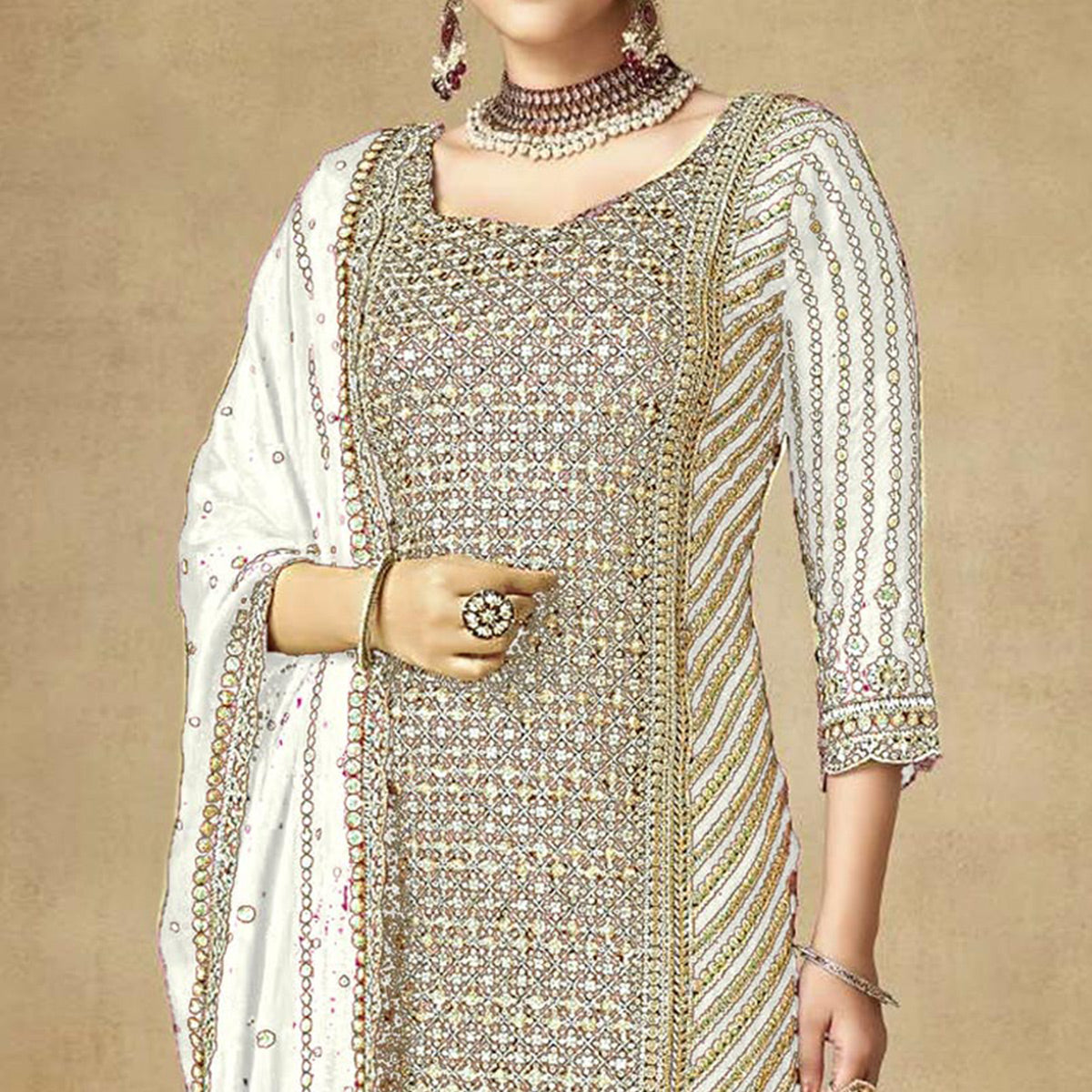 White Sequins Embroidered Chinon Semi Stitched Sharara Suit