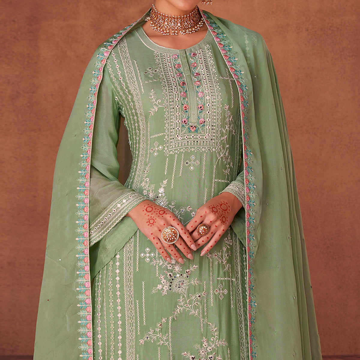 Green Floral Sequins Embroidered Georgette Semi Stitched Palazzo Suit