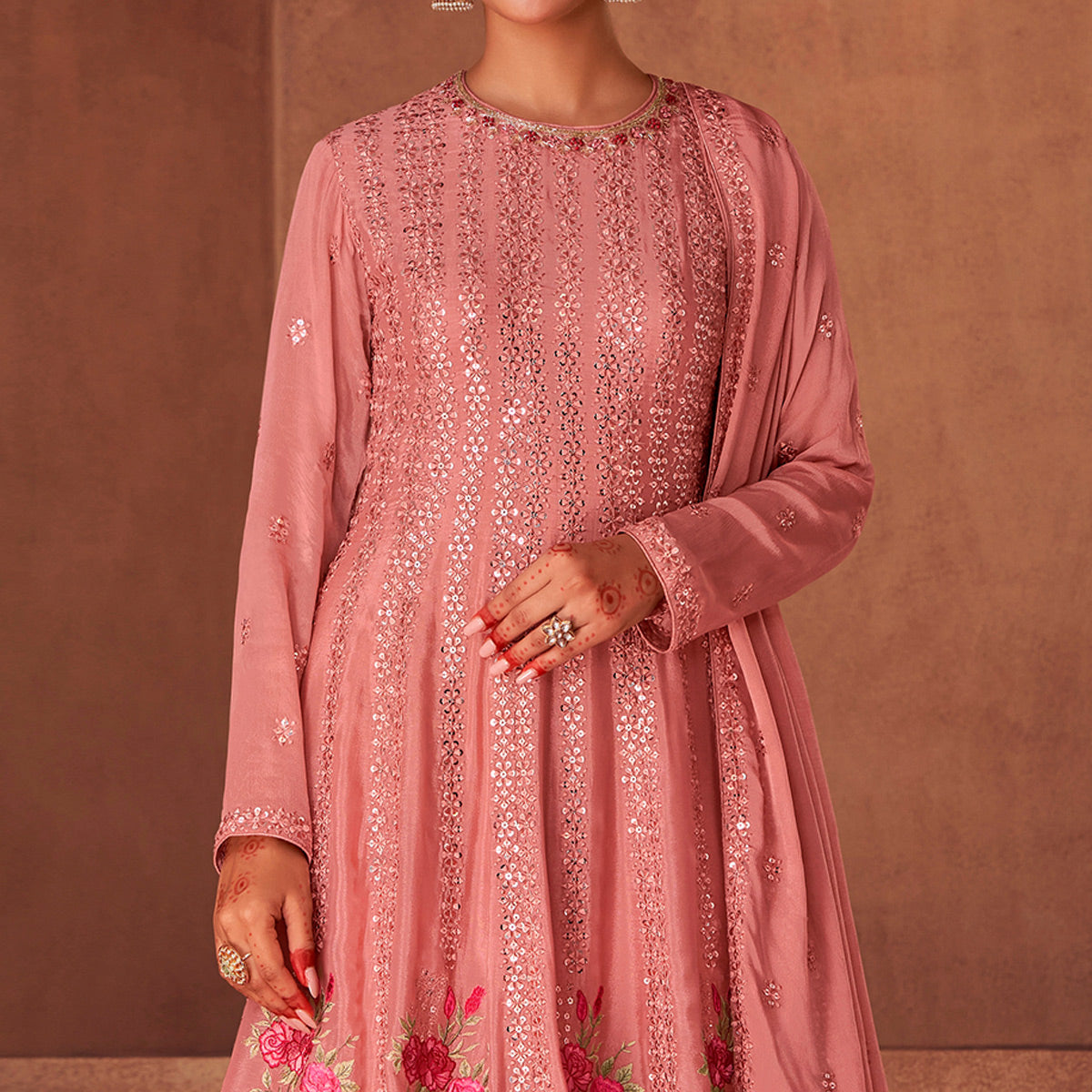Peach Floral Sequins Embroidered Georgette Semi Stitched Sharara Suit