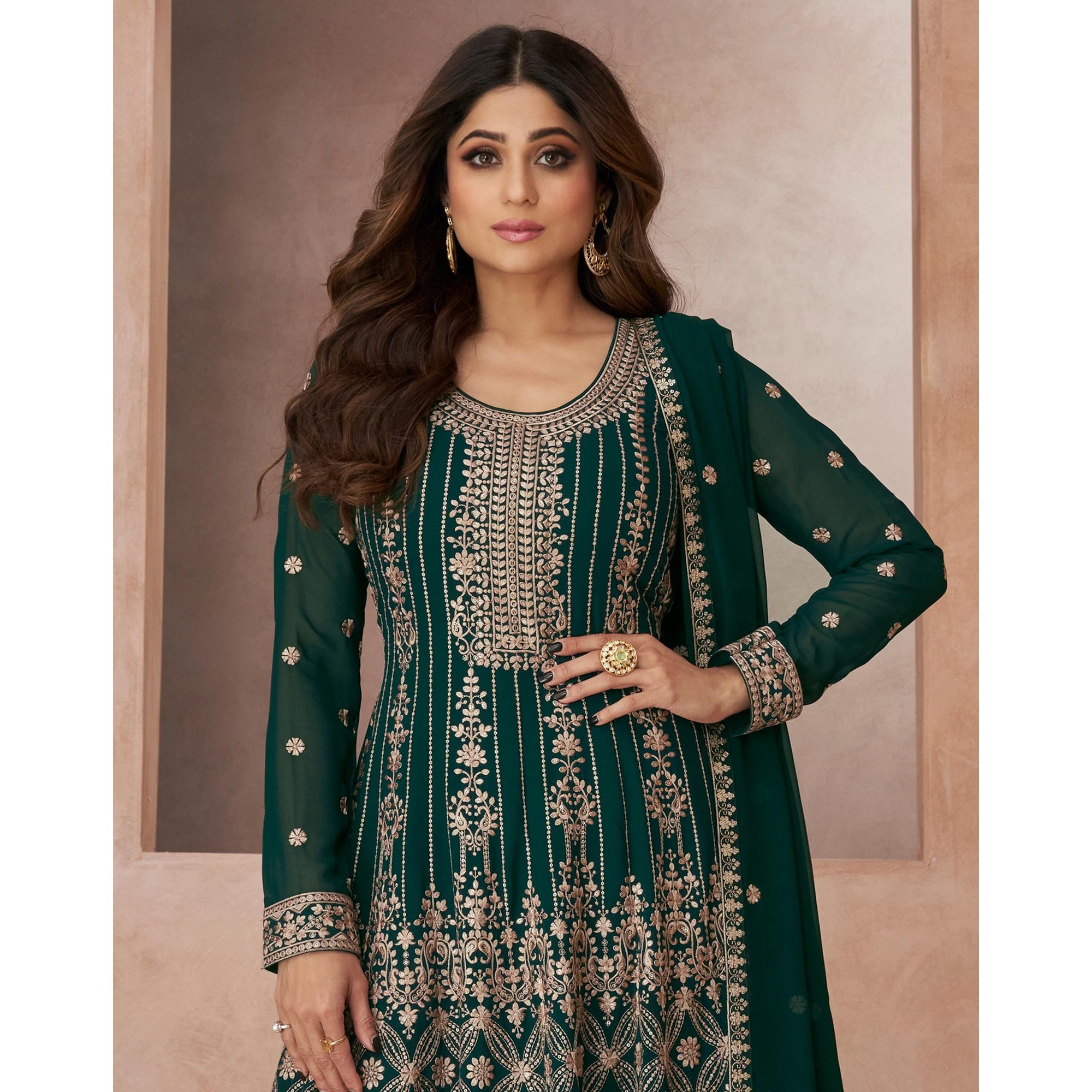 Green Floral Embroidered Georgette Semi Stitched Suit