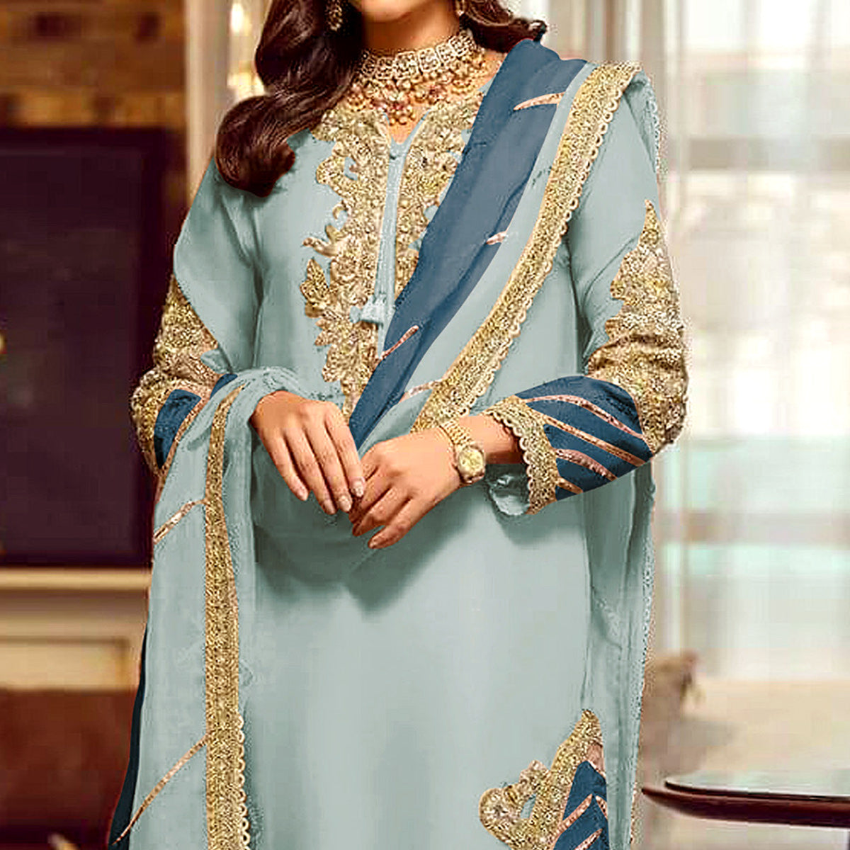 Blue Floral Embroidered Georgette Semi Stitched Pakistani Suit