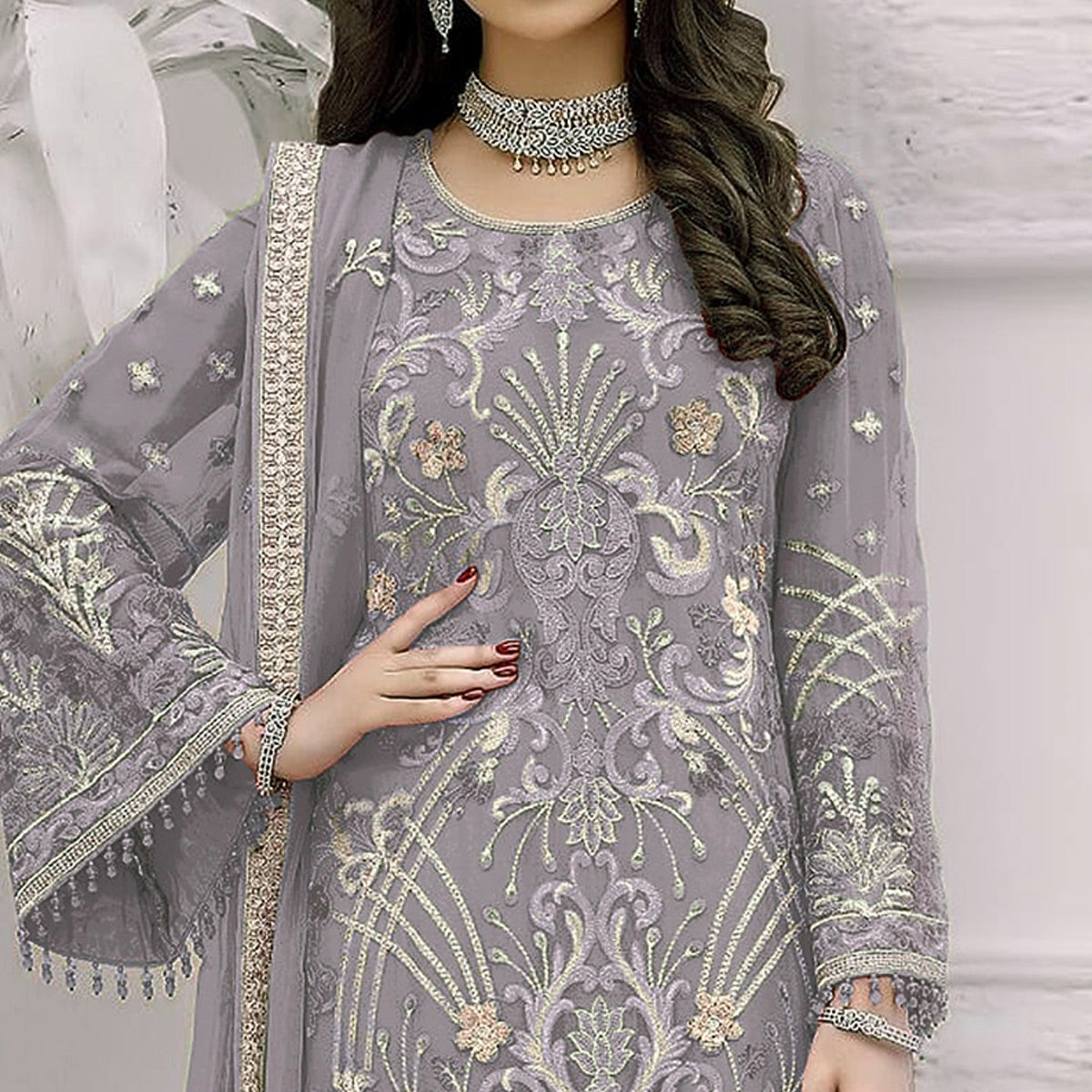 Violet Floral Embroidered Georgette Semi Stitched Pakistani Suit