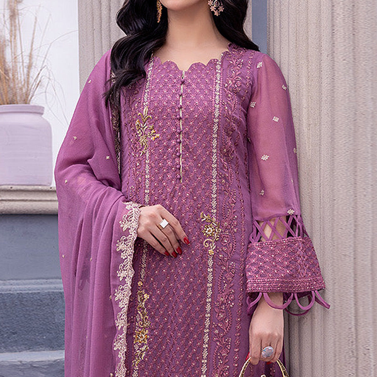 Purple Floral Embroidered Georgette Semi Stitched Pakistani Suit