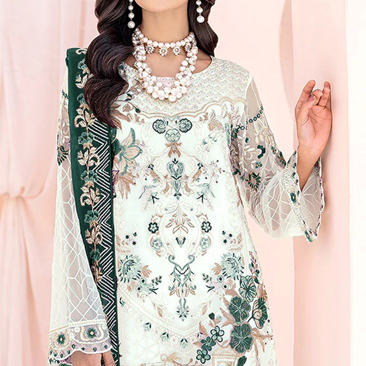 White & Green Floral Embroidered Georgette Semi Stitched Pakistani Suit