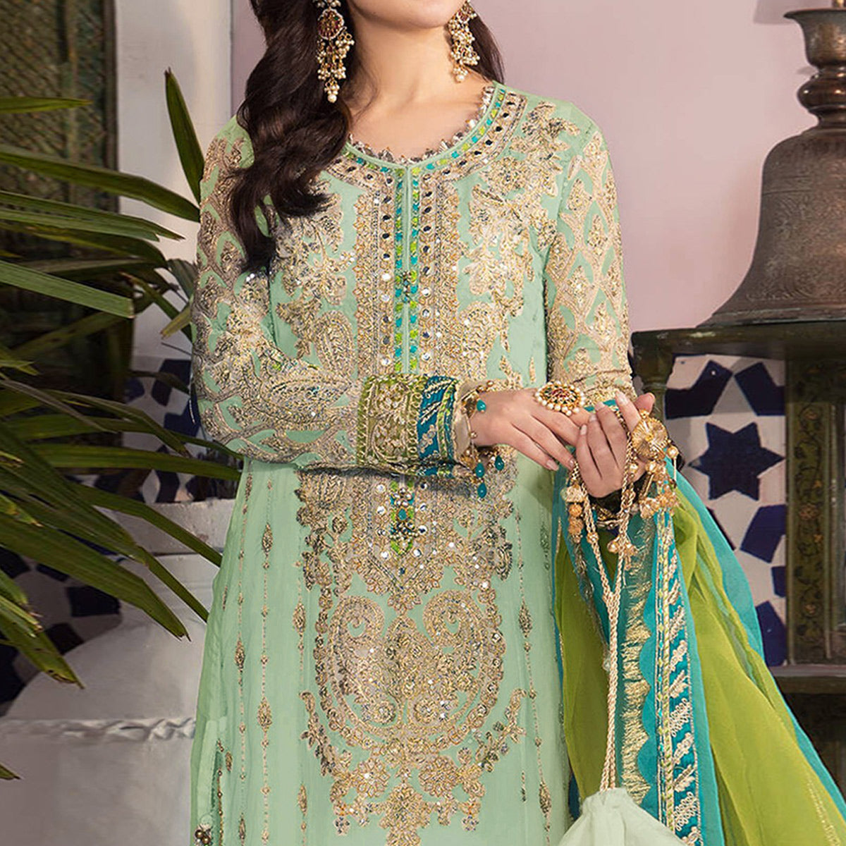 Green Floral Embroidered Georgette Pakistani Suit