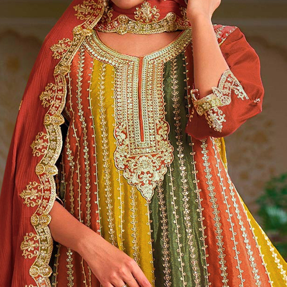 Rust Sequins Embroidered Chinon Semi Stitched Dress Material