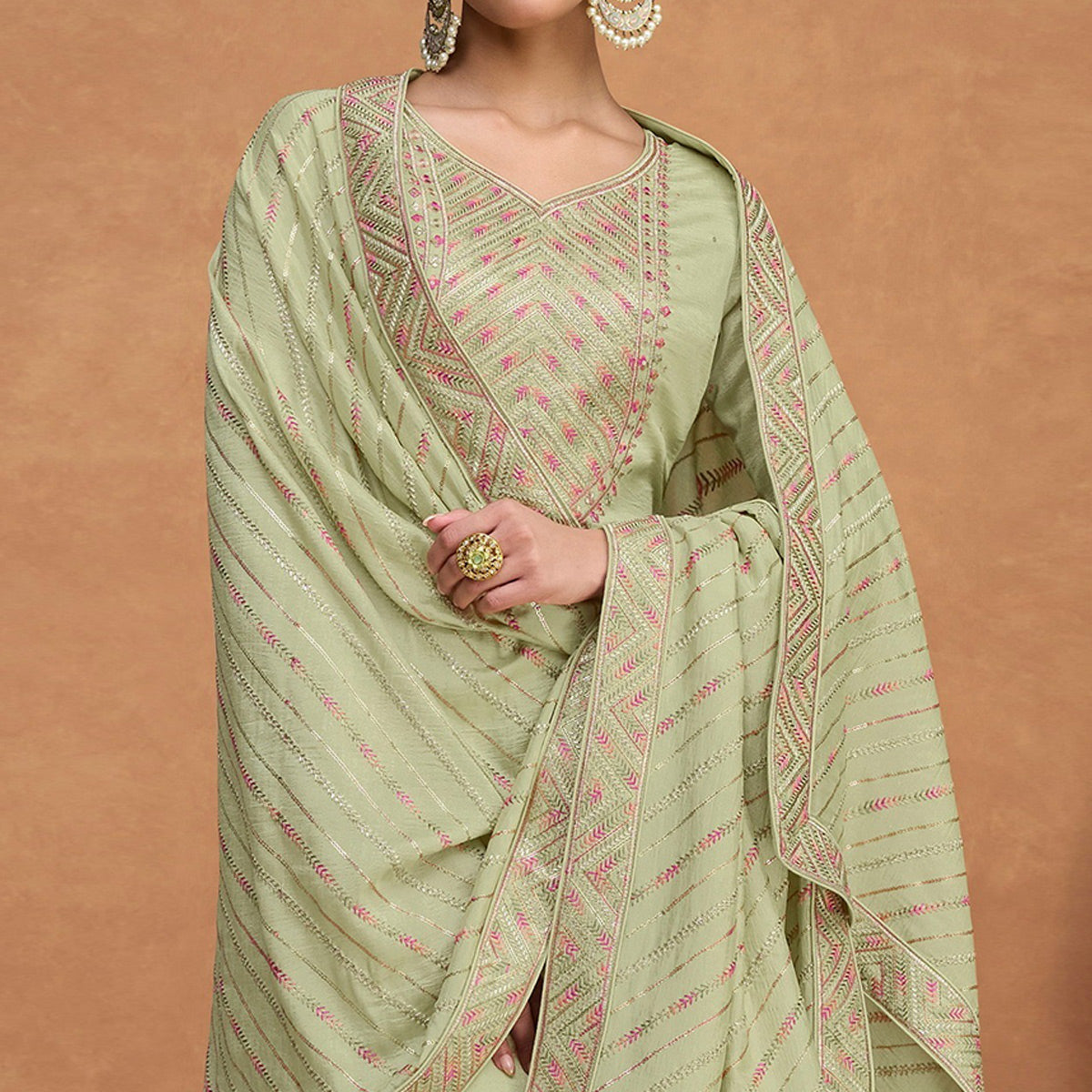 Green Sequins Embroidered Pure Silk Semi Stitched Suit
