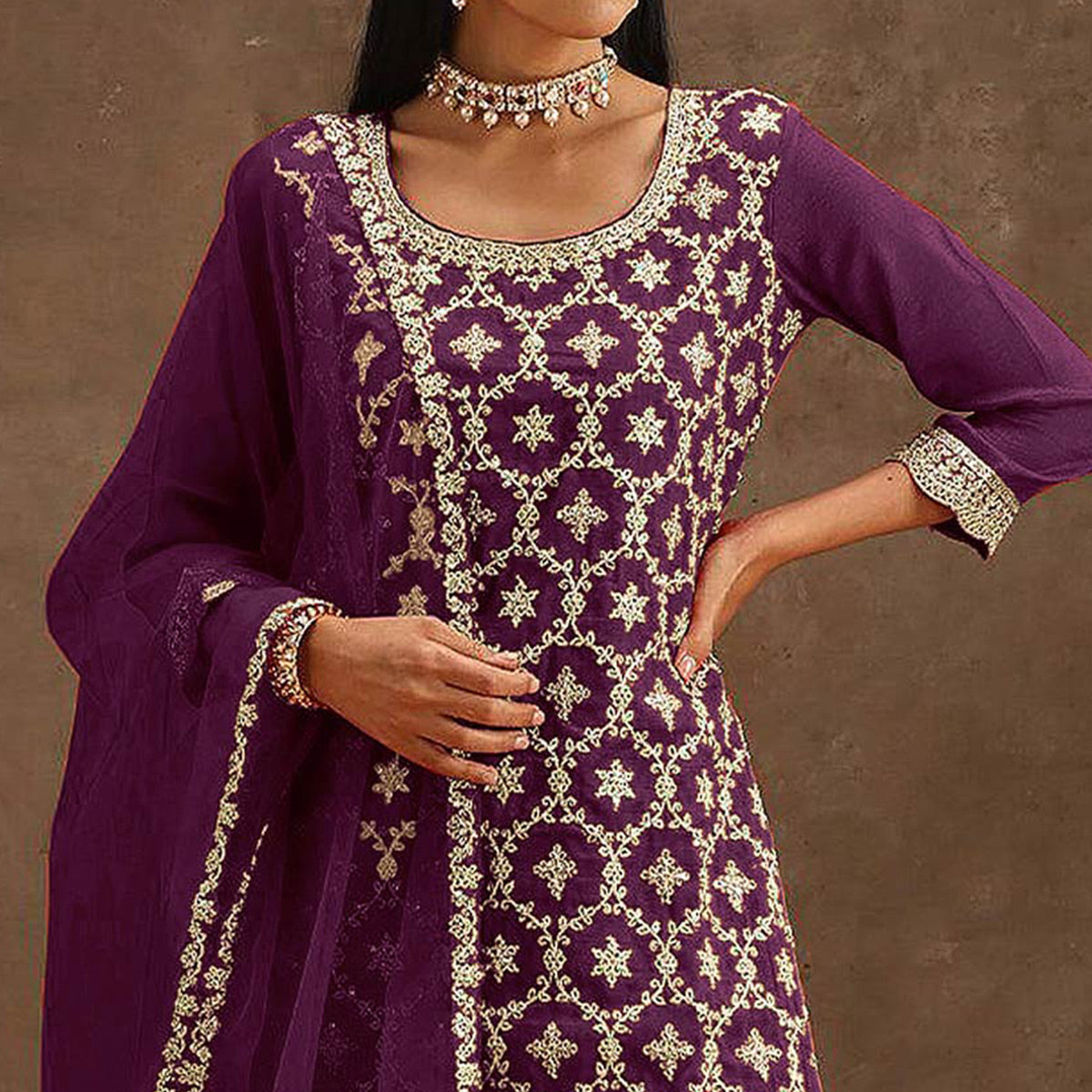 Purple Embroidered Georgette Semi Stitched Suit