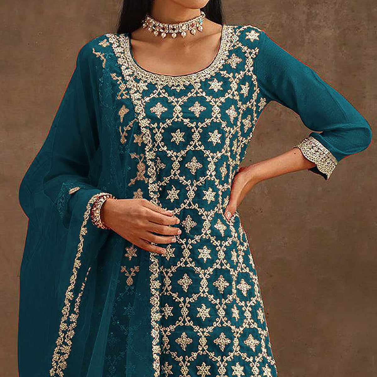 Teal Embroidered Georgette Semi Stitched Suit