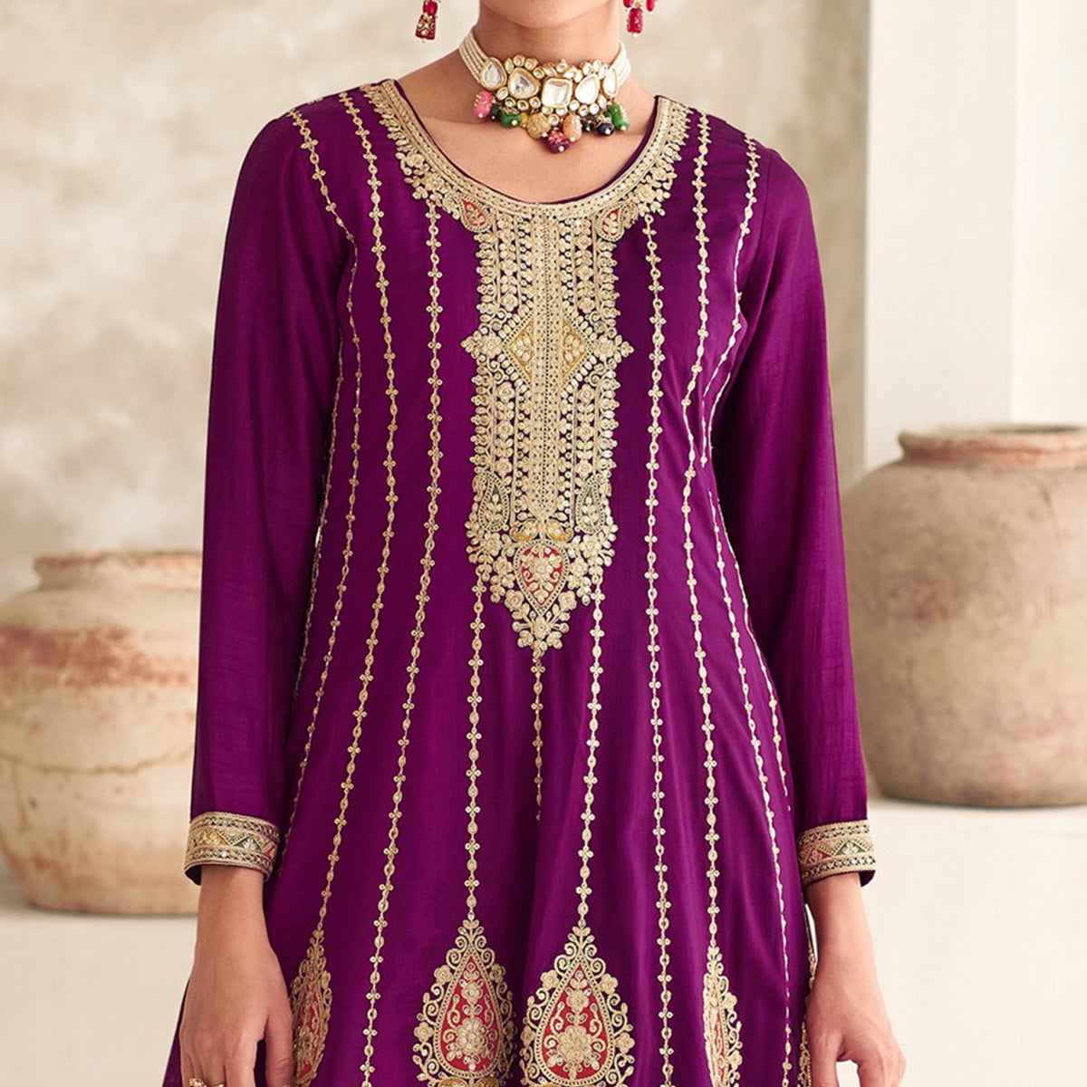 Wine Sequins Embroidered Georgette Semi Stitched Anarkali Suit