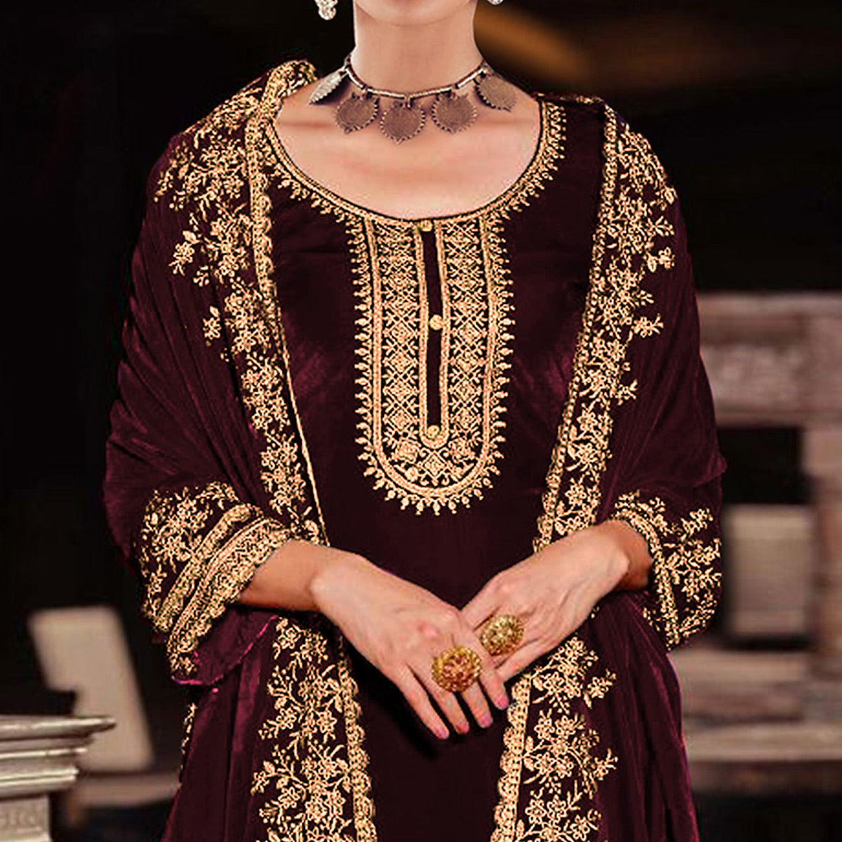 Wine Floral Embroidered Velvel Semi Stitched Suit