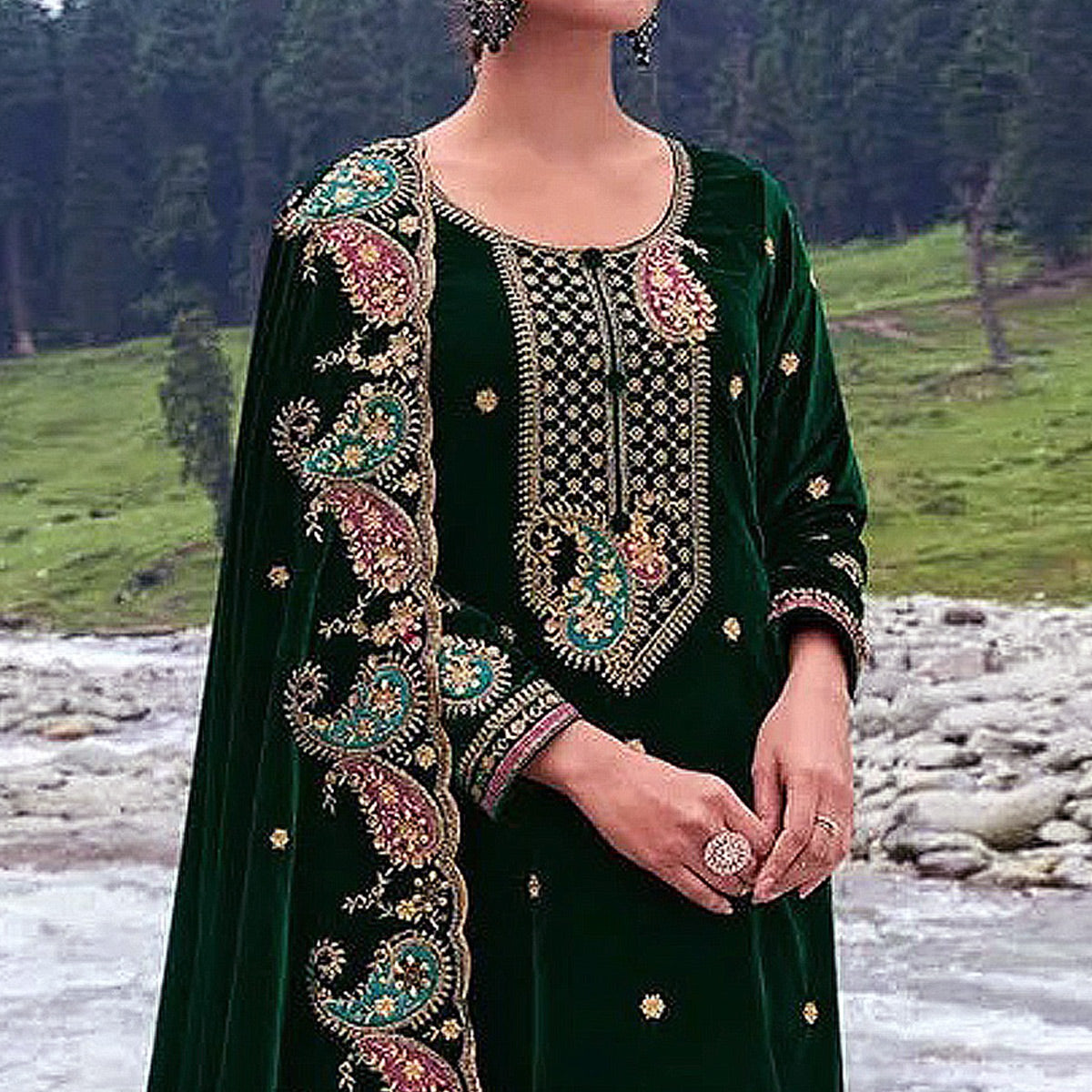 Green Floral Embroidered Velvet Semi Stitched Salwar Suit