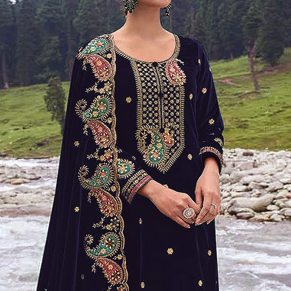 Navy Blue Floral Embroidered Velvet Semi Stitched Salwar Suit