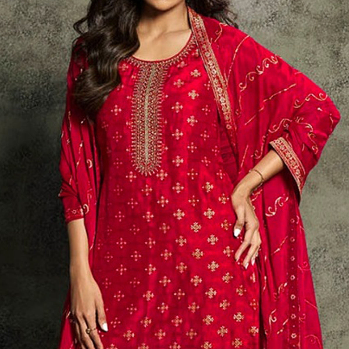 Red Floral Woven Jacquard Semi Stitched Salwar Suit