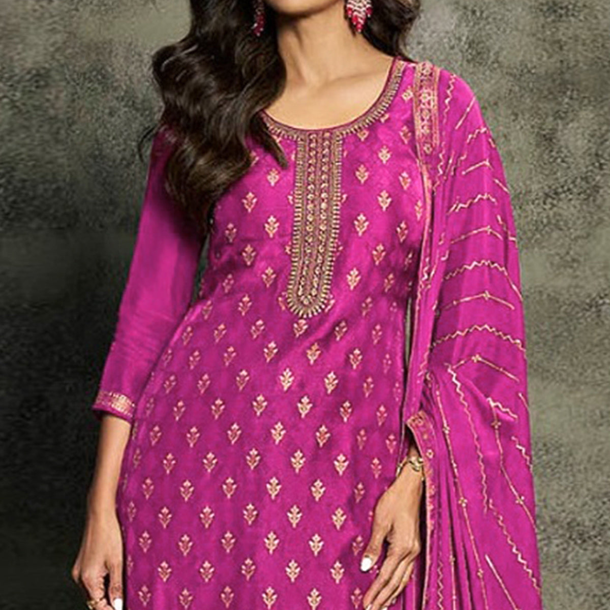 Rani Pink Floral Woven Jacquard Semi Stitched Salwar Suit