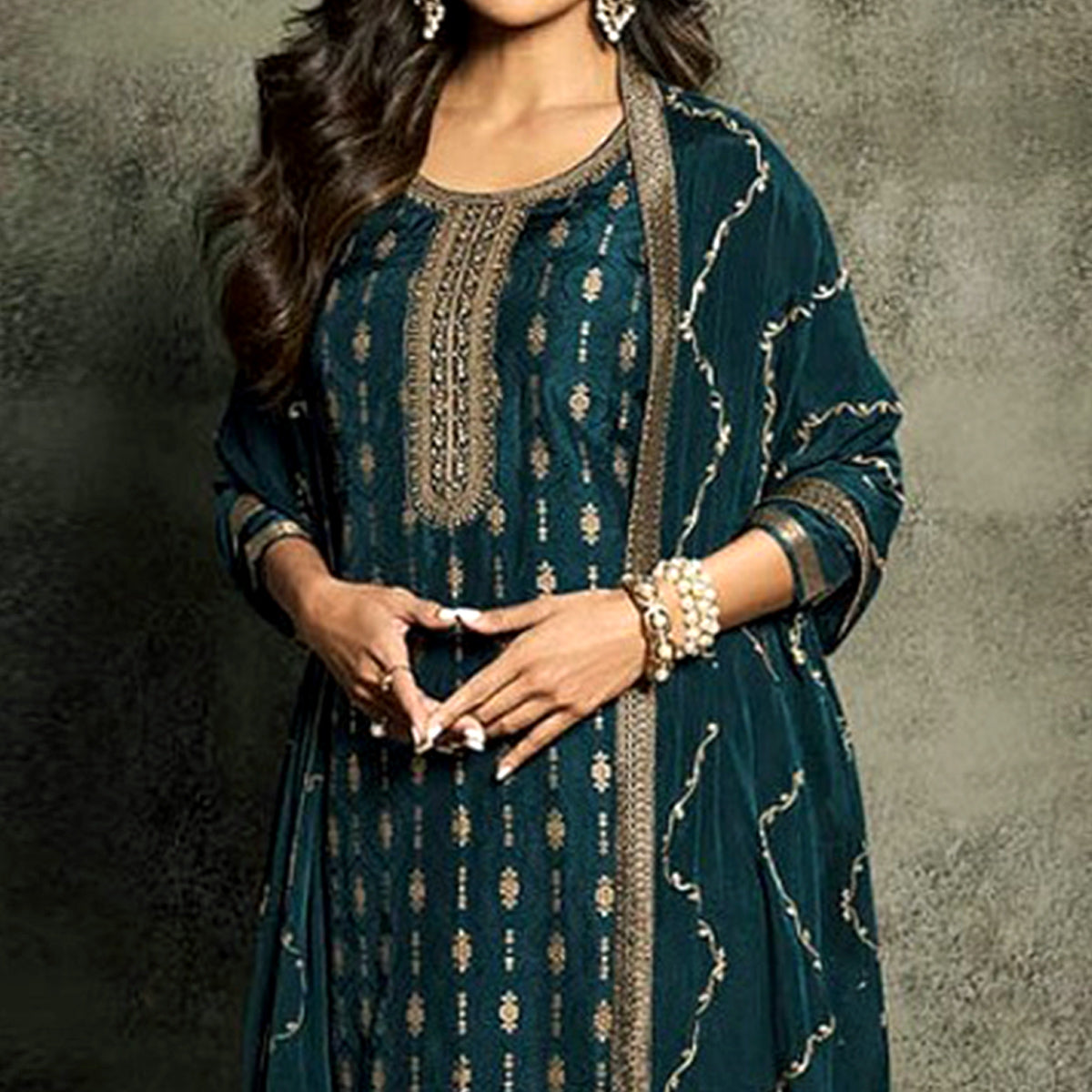 Teal Floral Woven Jacquard Semi Stitched Salwar Suit