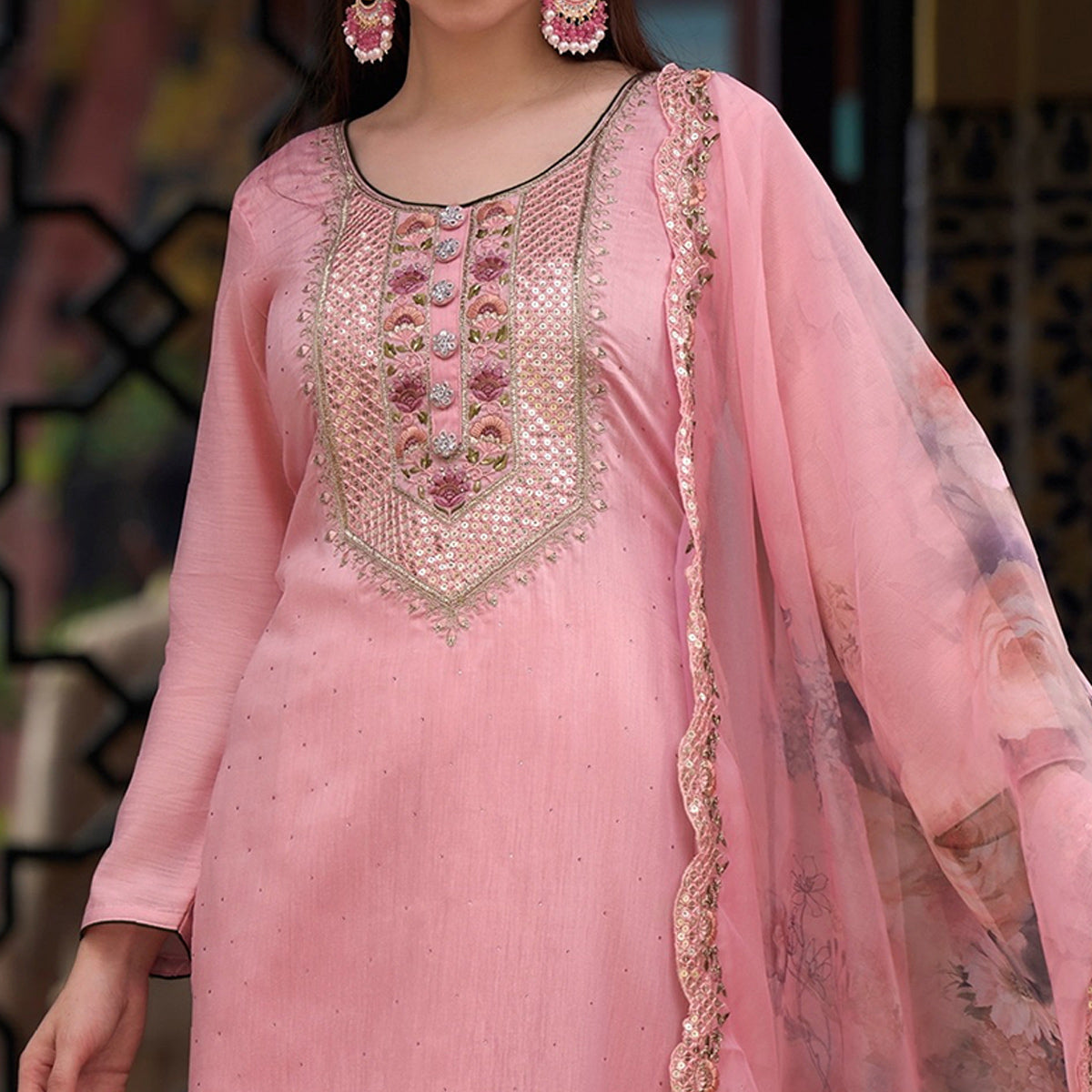 Pink Floral Embroidered Viscose Semi Stitched Suit