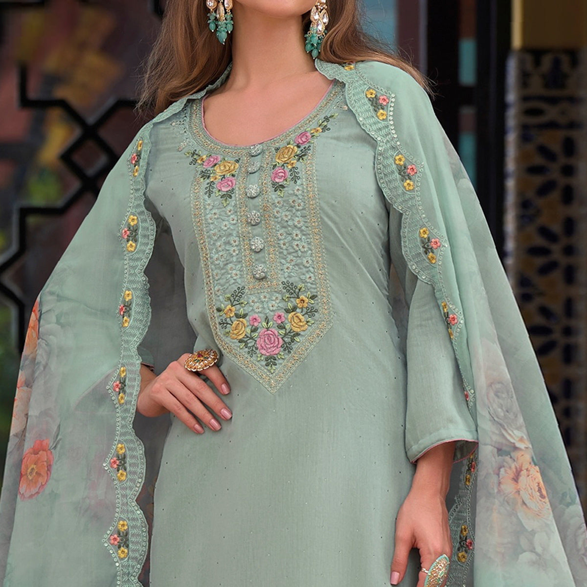 Blue Floral Embroidered Viscose Semi Stitched Suit