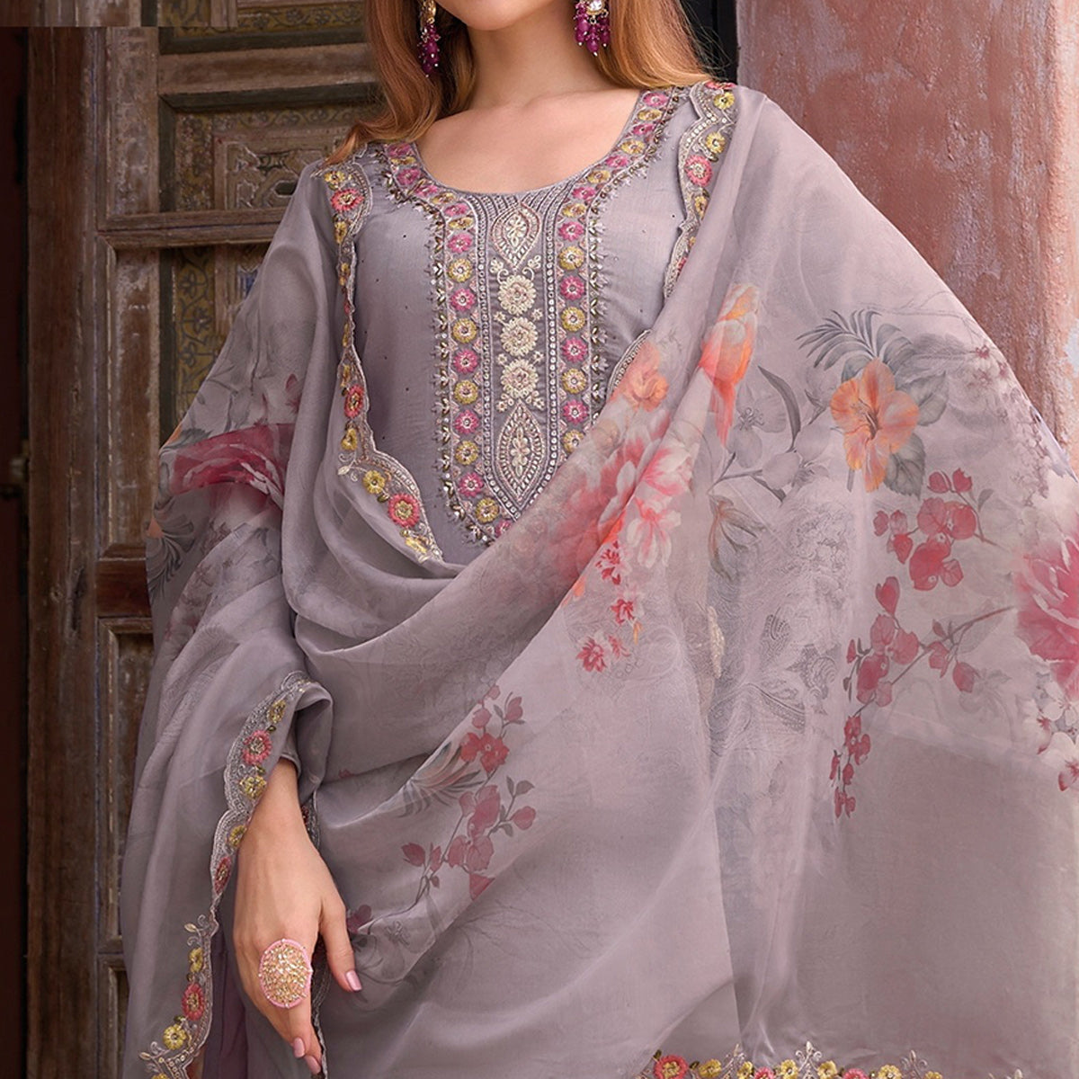 Purple Floral Embroidered Viscose Semi Stitched Suit