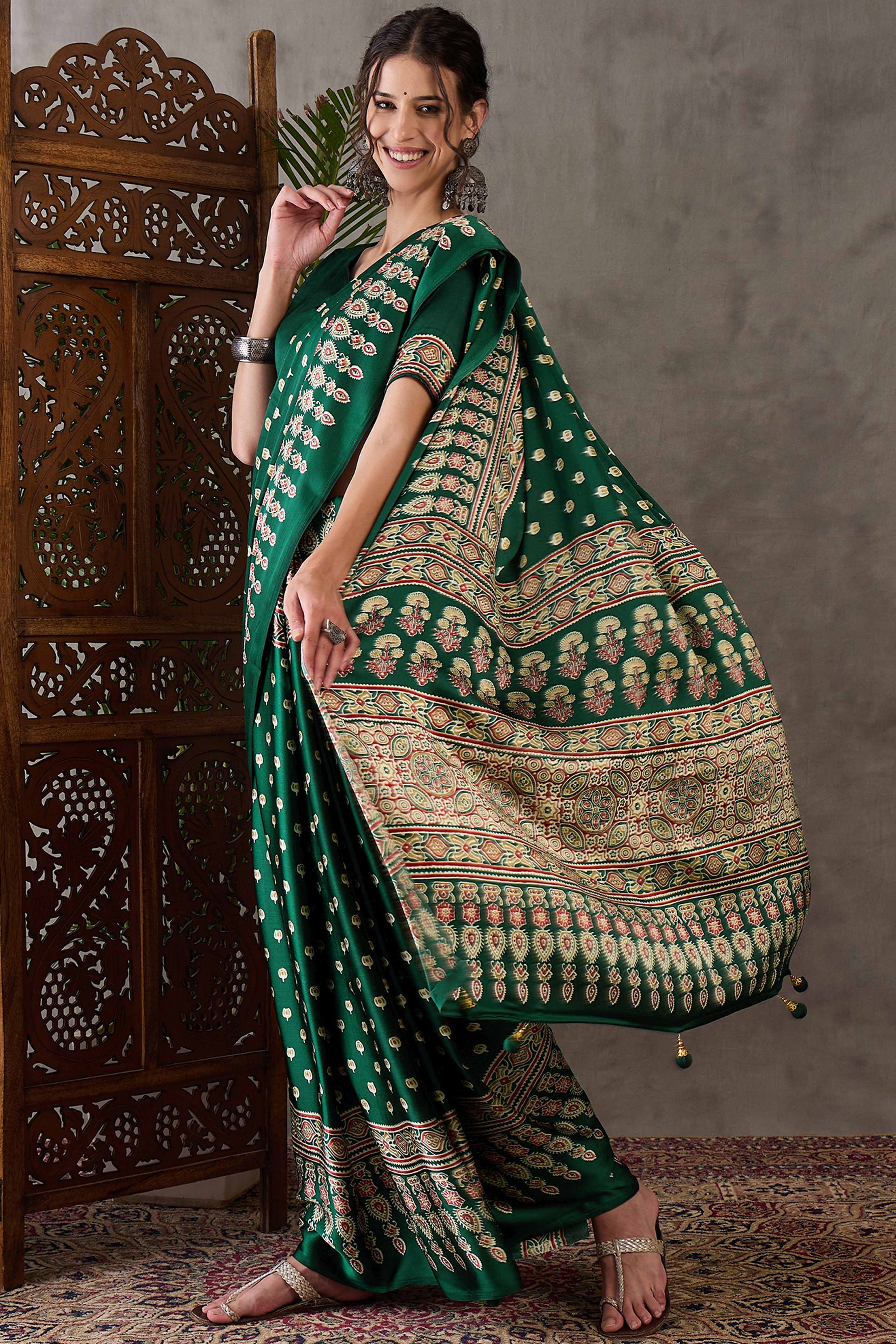 Green Ajrakh Inspired Printed Modal Satin Saree for Party Occasions