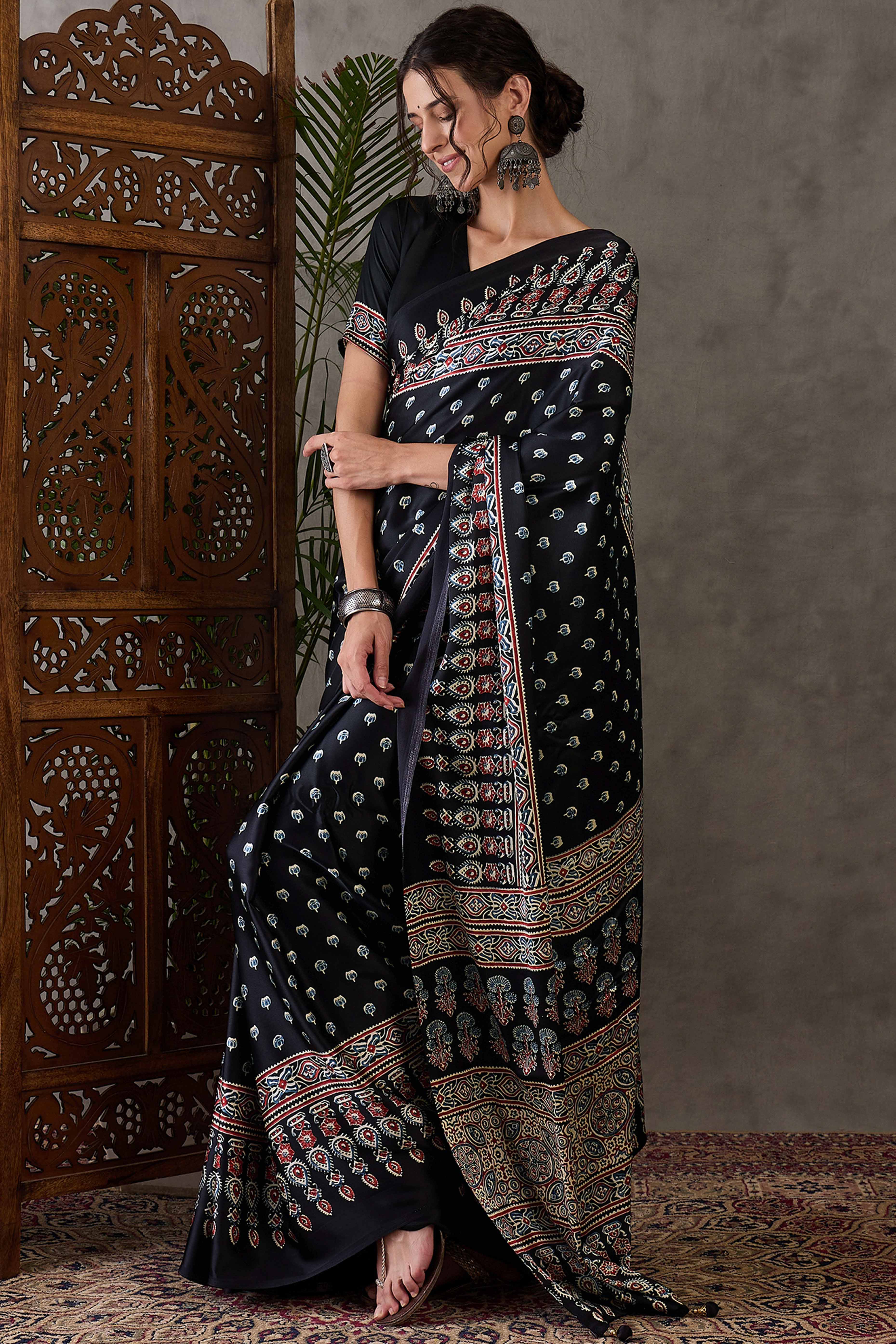 Black Ajrakh Inspired Printed Modal Satin Saree for Party Occasions
