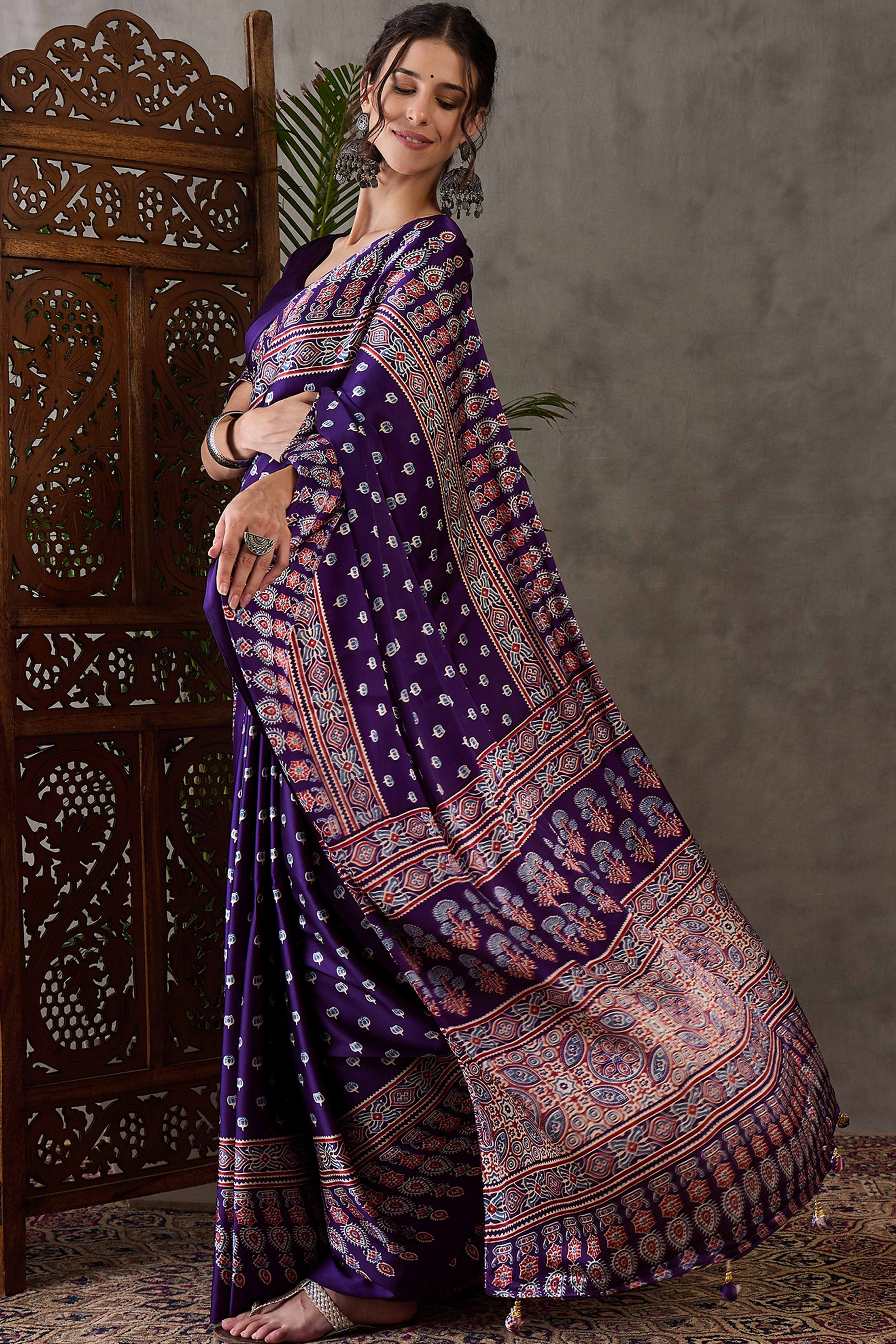 Purple Ajrakh Inspired Printed Modal Satin Saree for Party Occasions