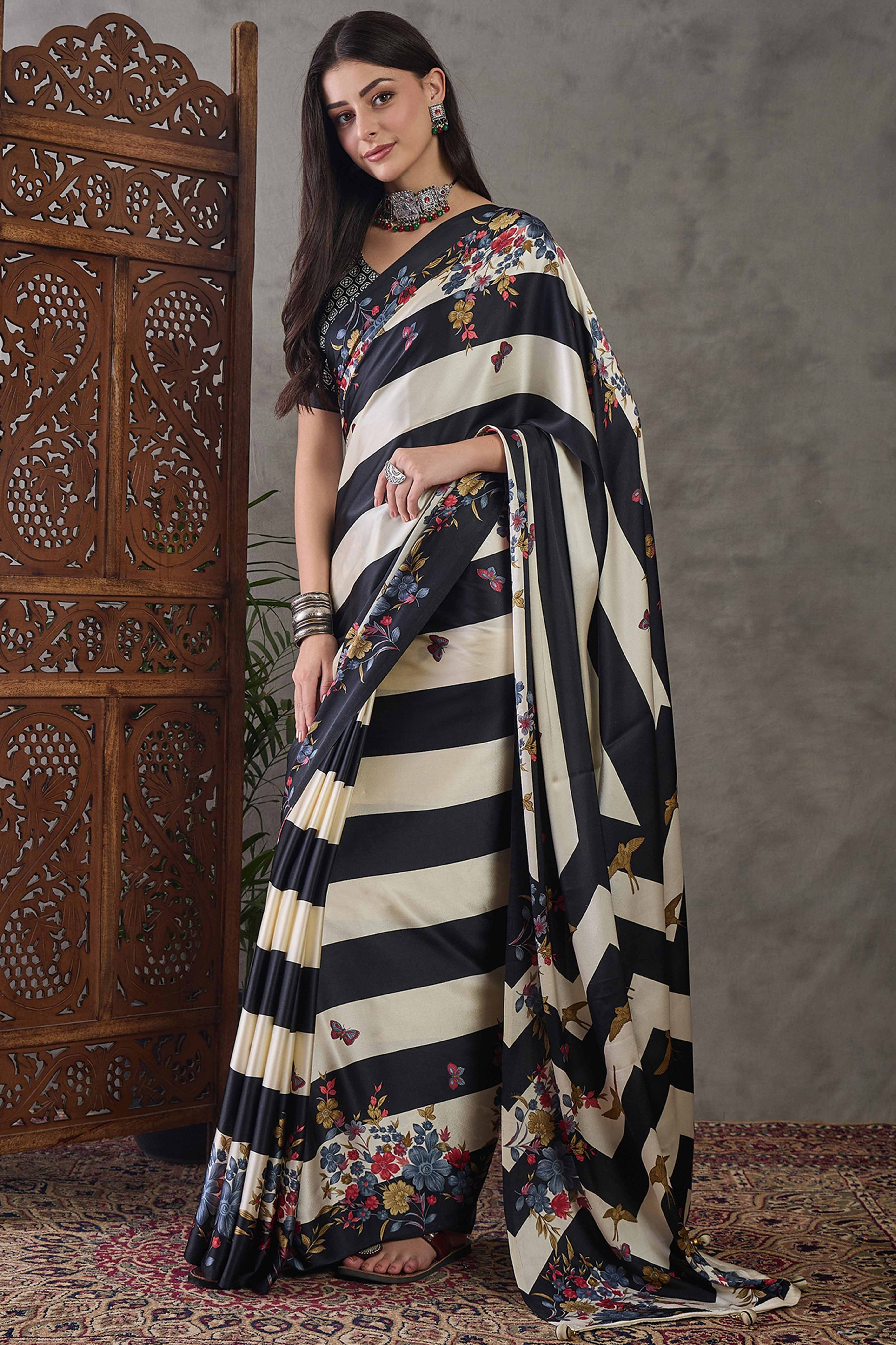 Black Floral Printed Modal Satin Party Wear Saree with a Smooth Satin Finish