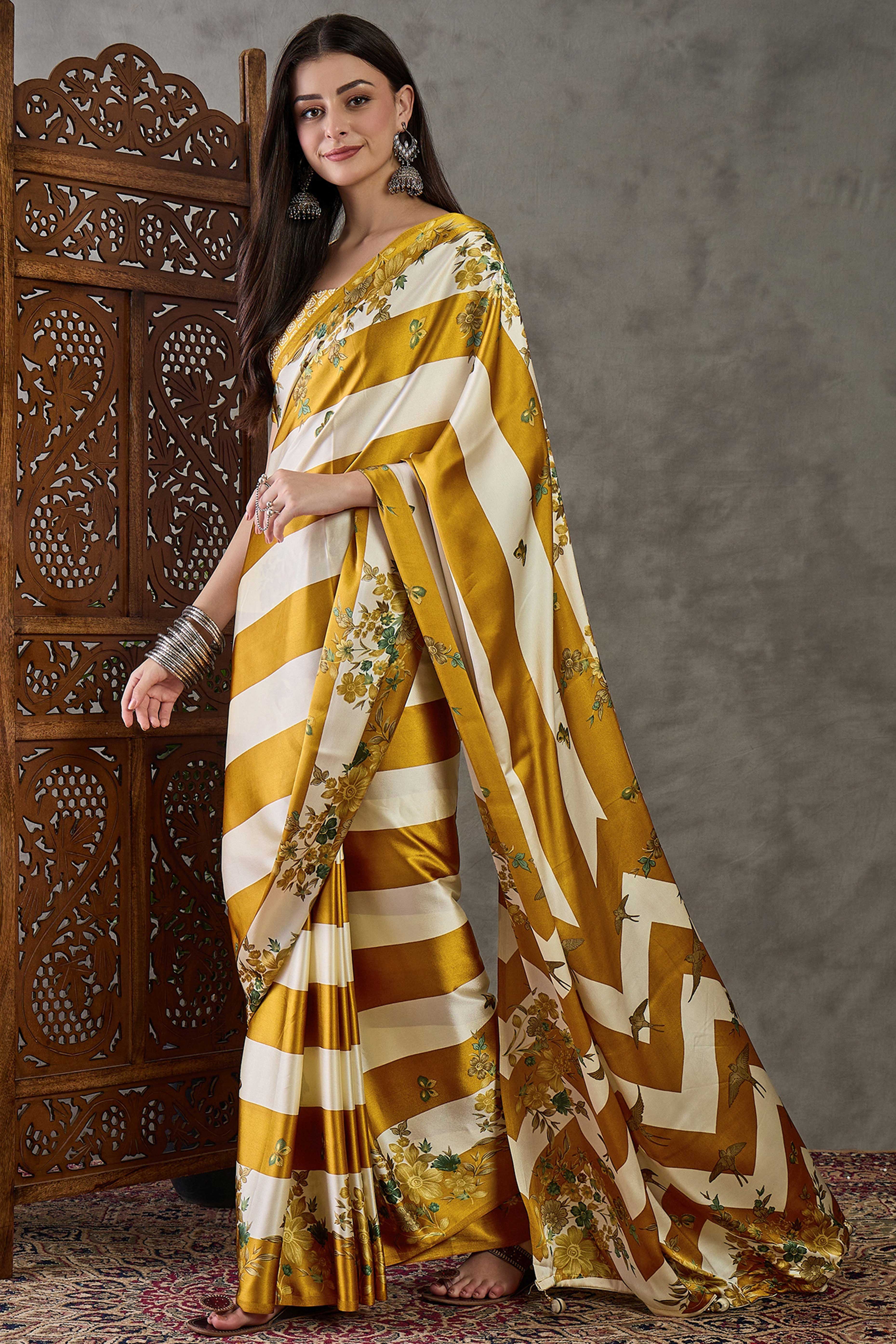 Olive Floral Printed Modal Satin Party Wear Saree with a Smooth Satin Finish