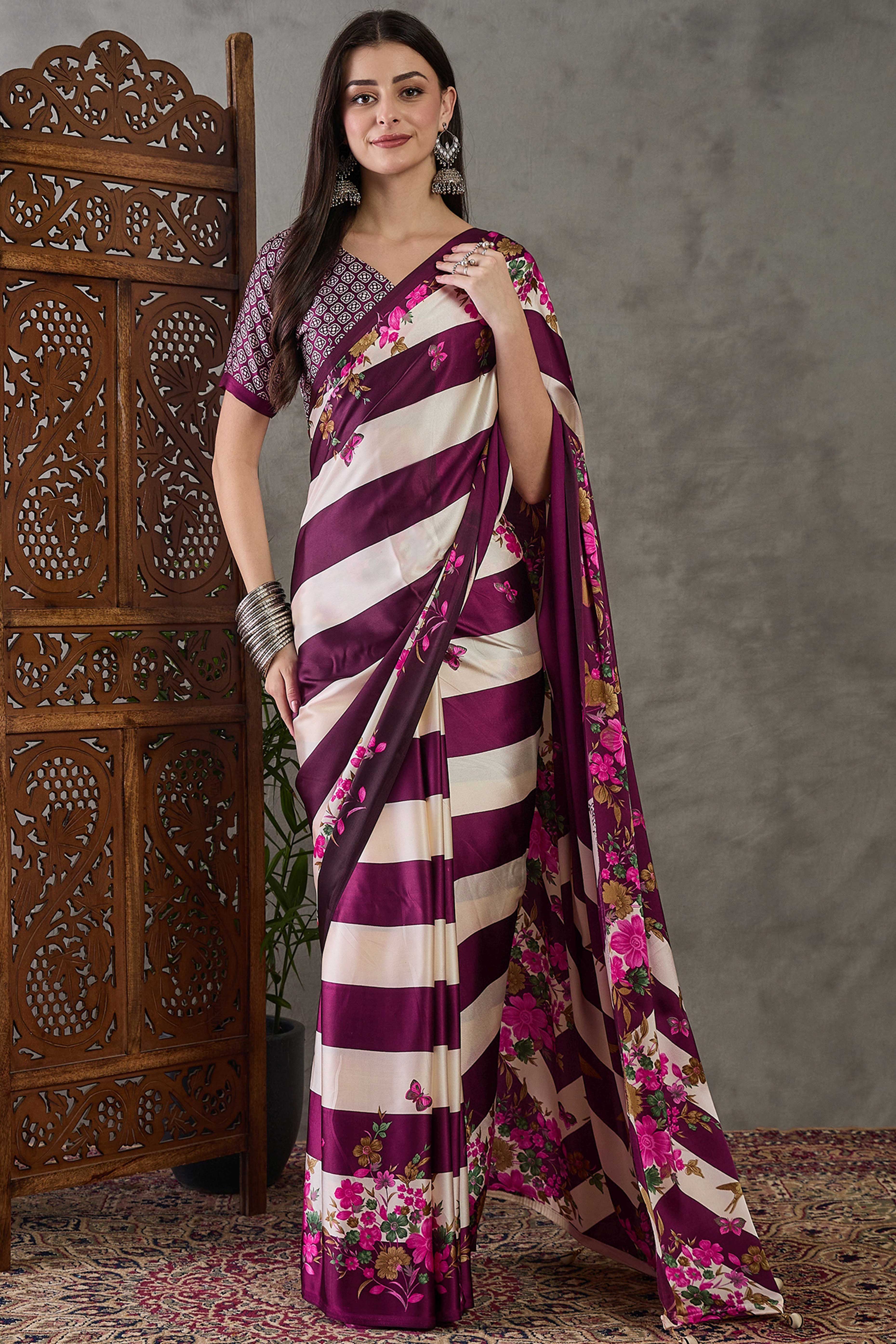 Wine Floral Printed Modal Satin Party Wear Saree with a Smooth Satin Finish