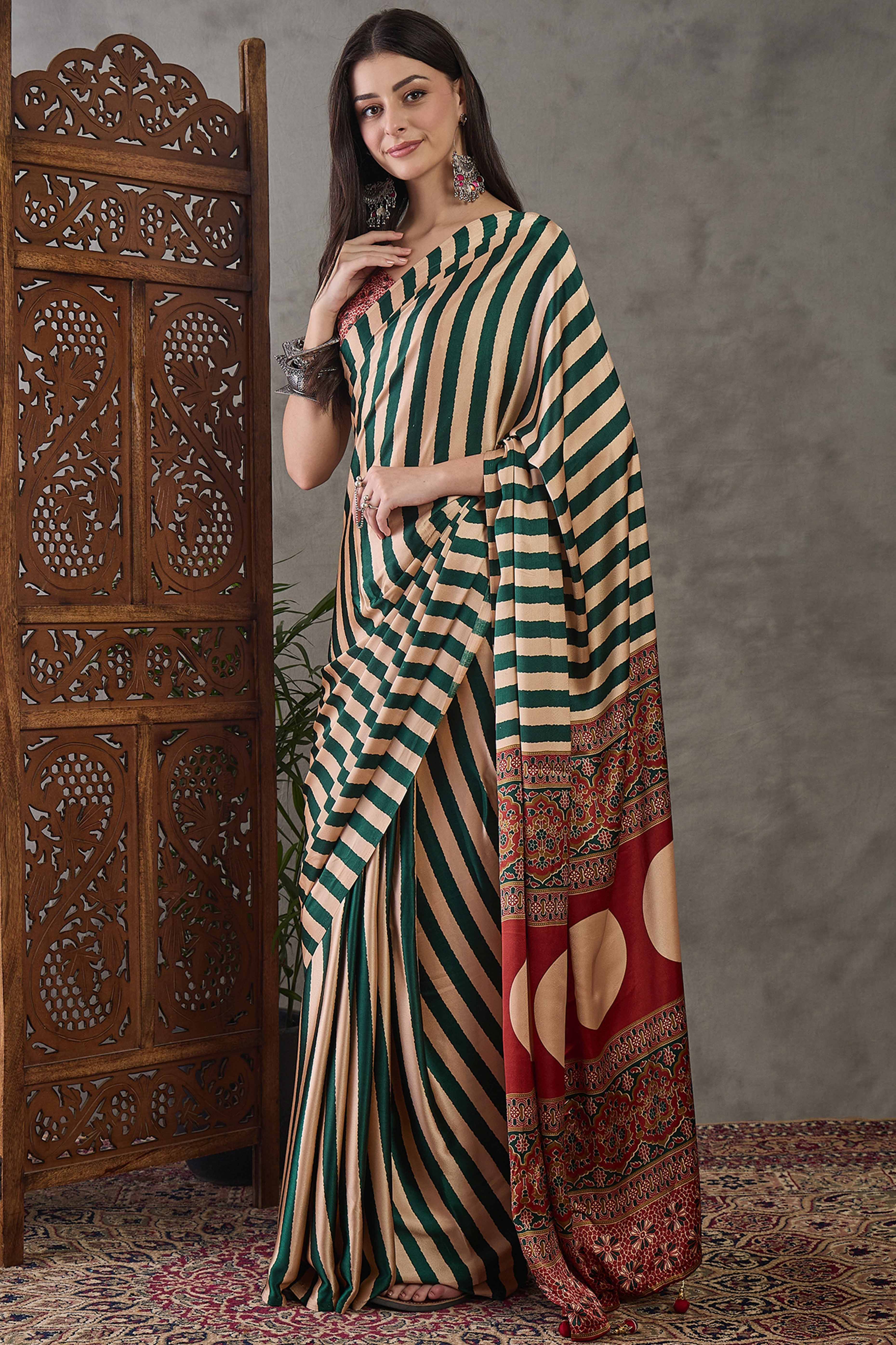 Green Modal Satin Saree with Subtle Stripe Design and Ajrakh Print on Pallu