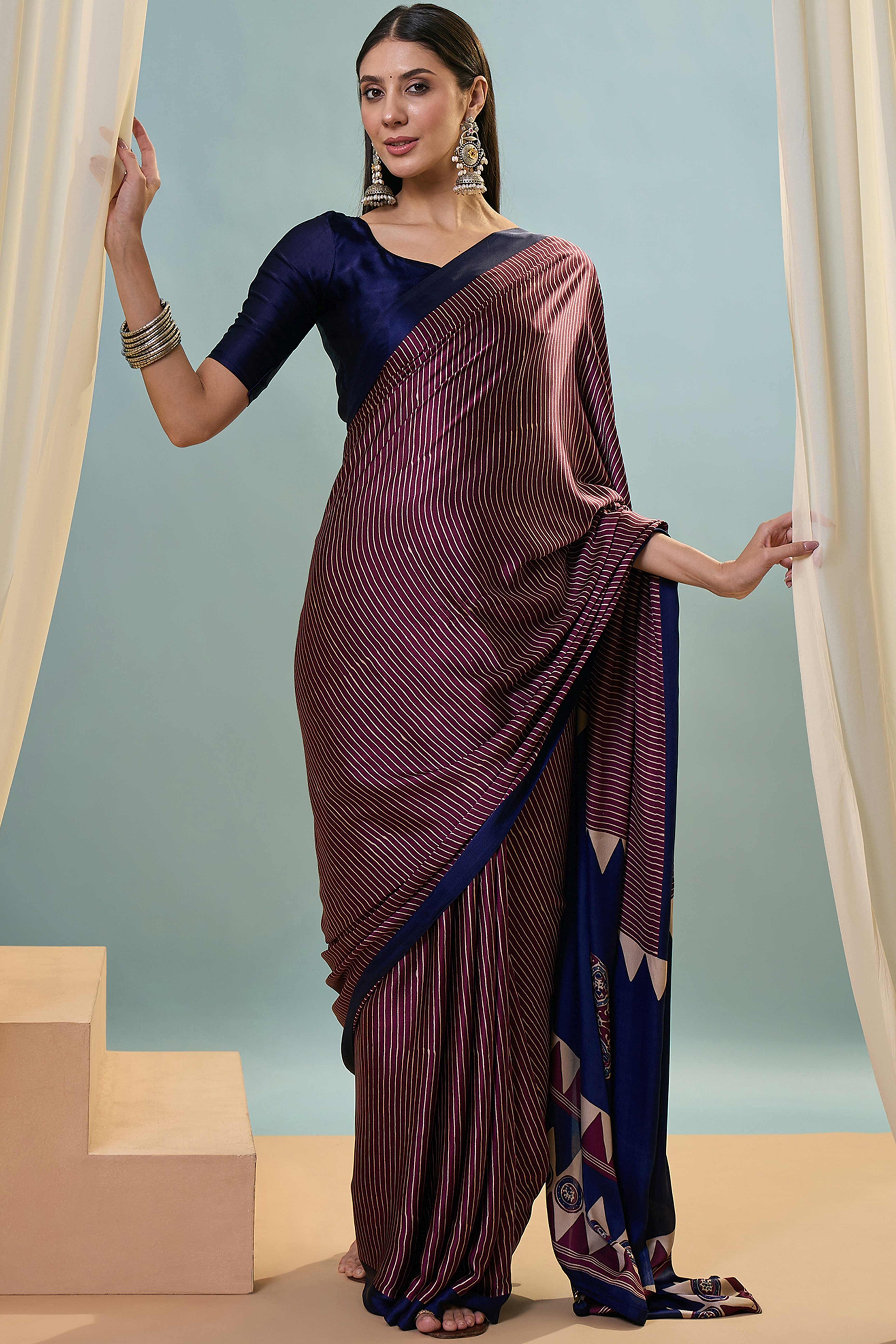 Wine Ajrakh Print Satin Saree With Traditional Charm