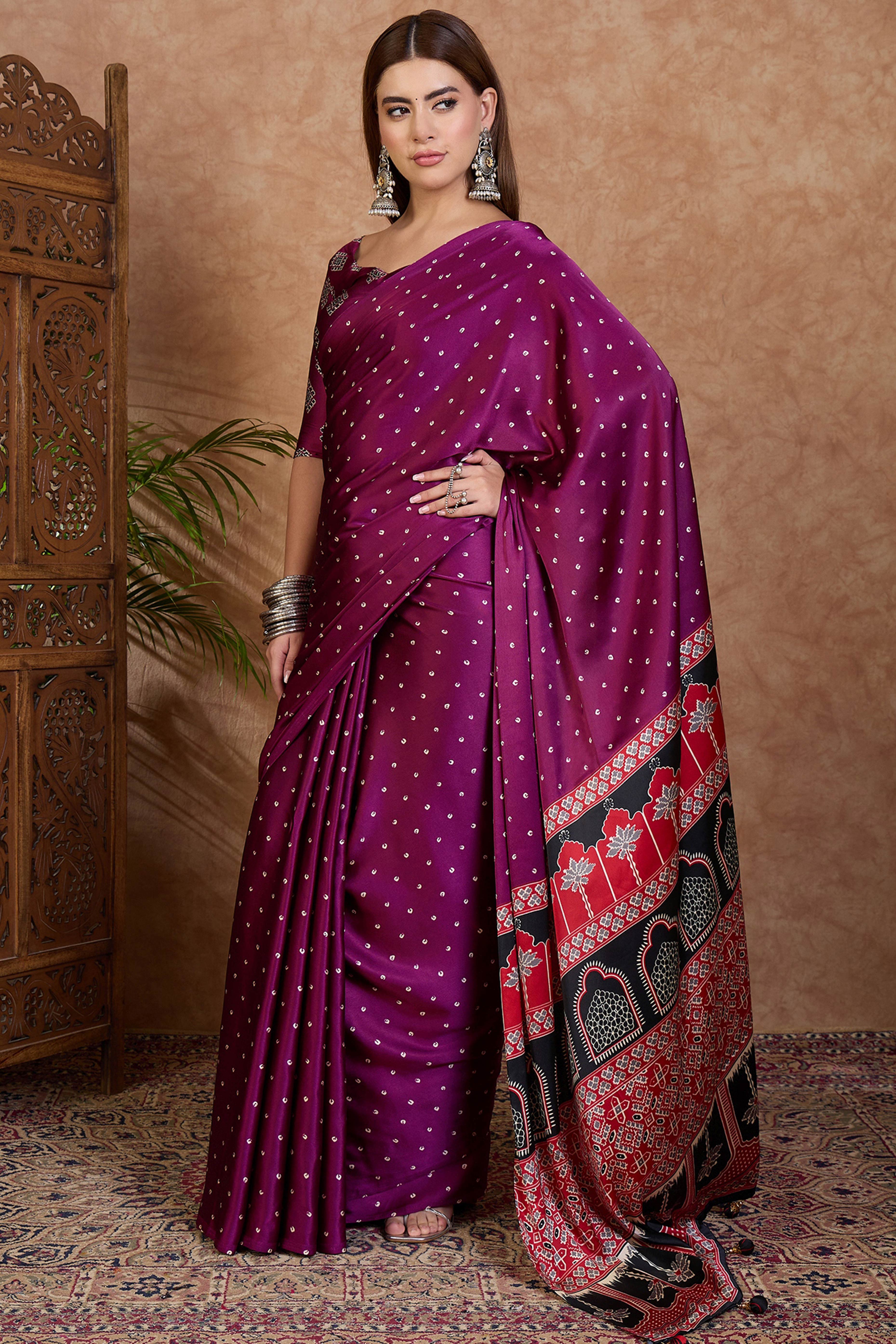 Wine Polka Dot Modal Satin Saree with Traditional Ajrakh Detailing on Pallu