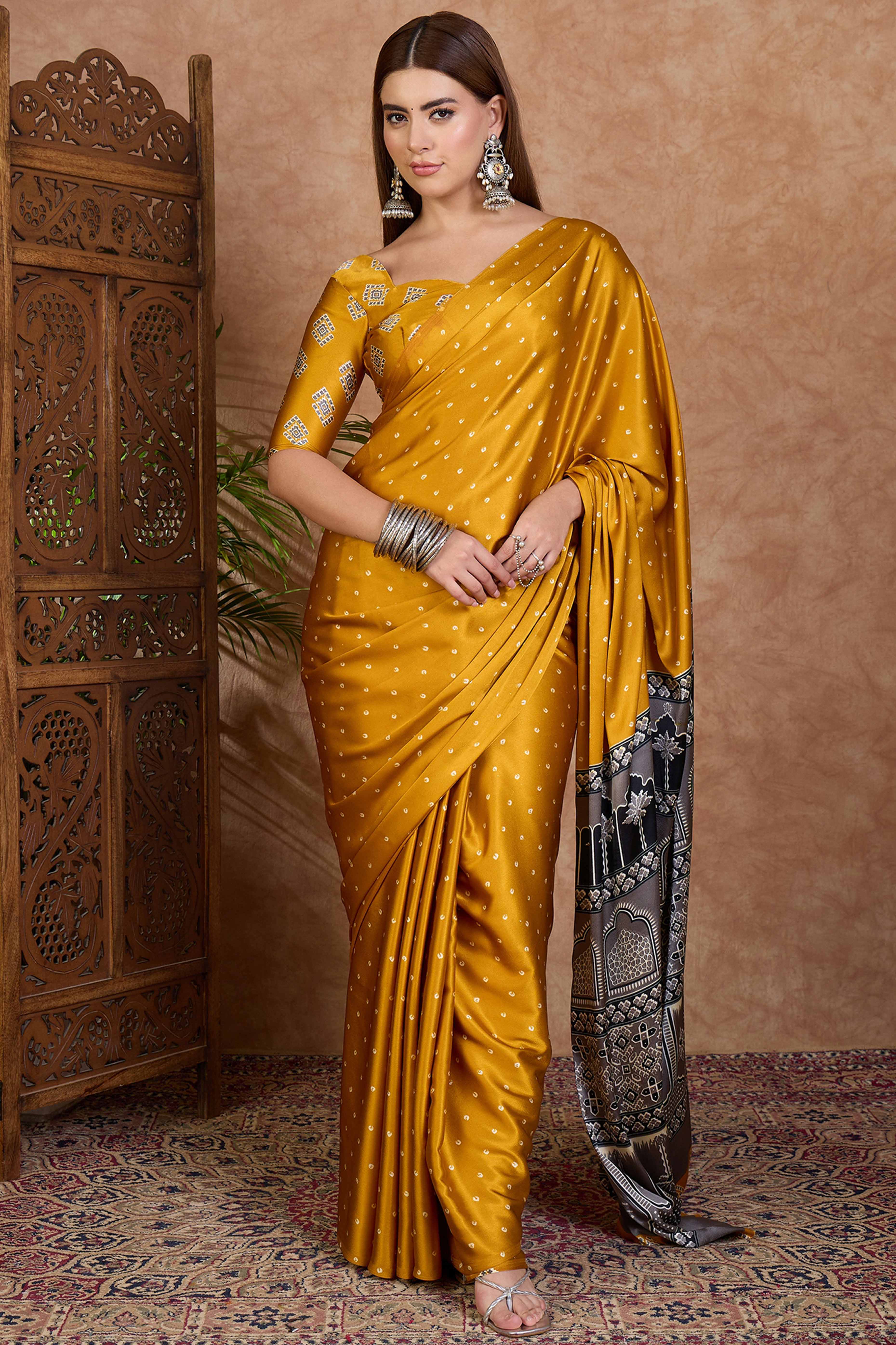 Mustard Polka Dot Modal Satin Saree with Traditional Ajrakh Detailing on Pallu