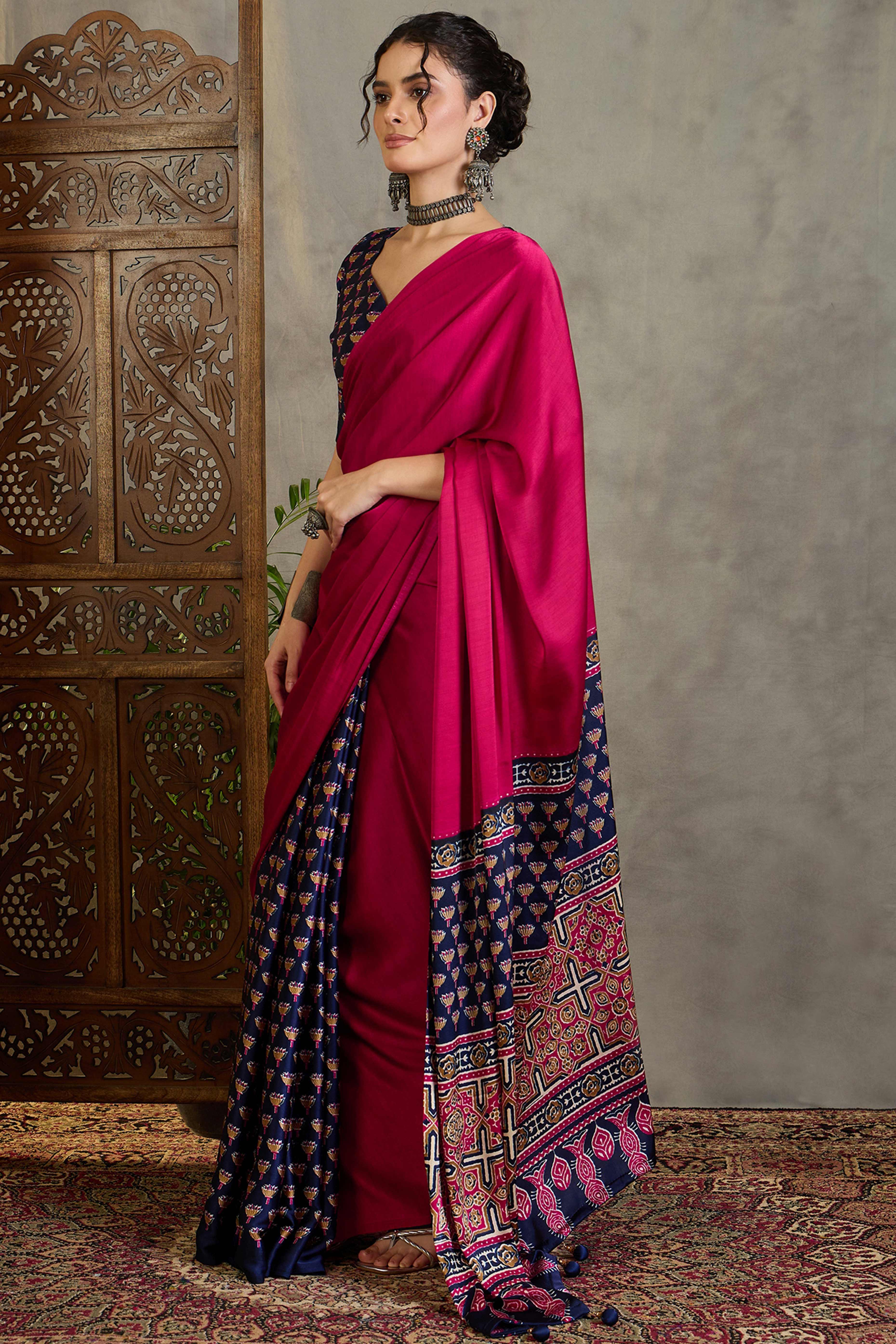Blue Solid Modal Satin Saree Highlighted with Classic Ajrakh Pallu Design