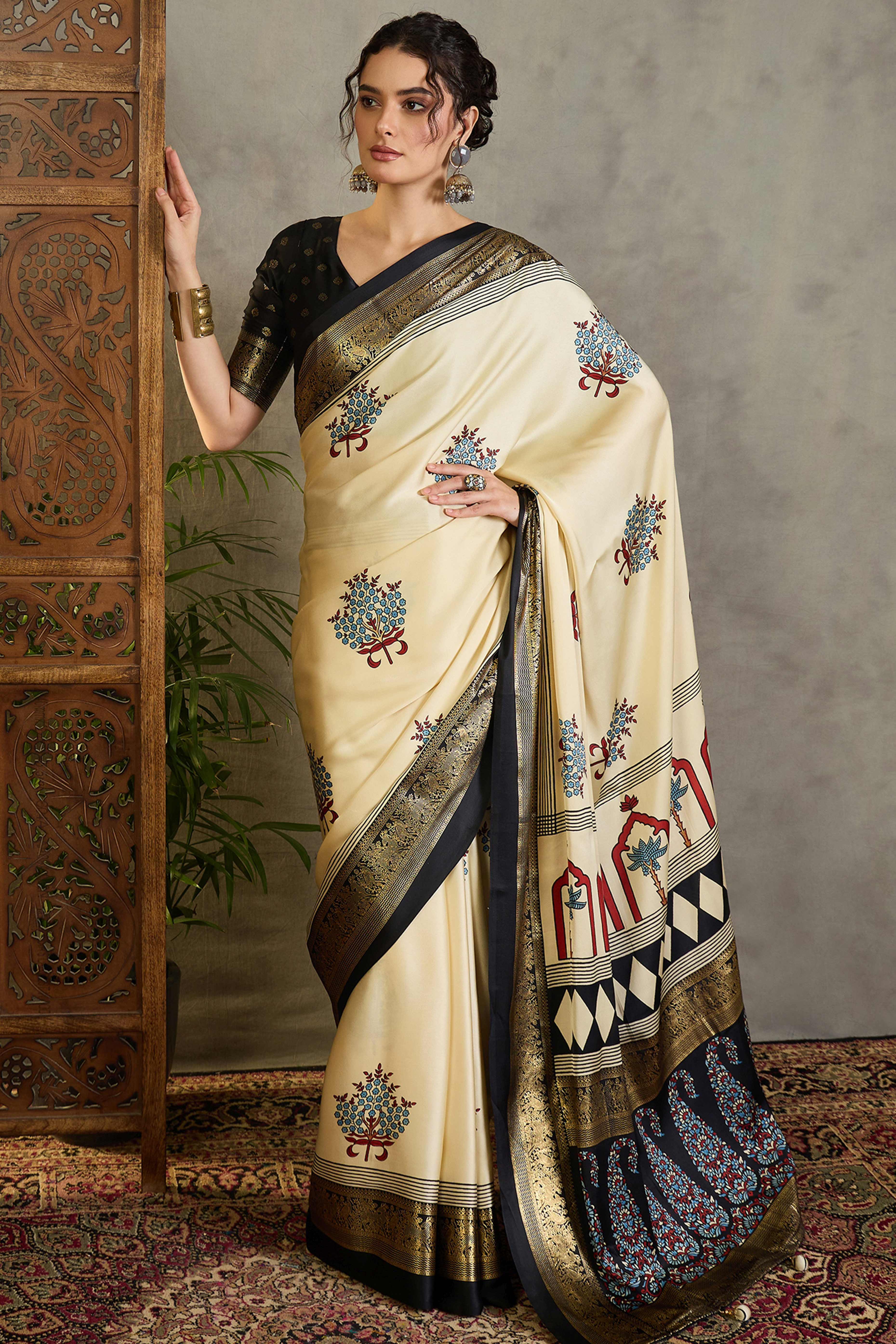 Cream Floral Printed Modal Satin Saree with Traditional Zari Detailing