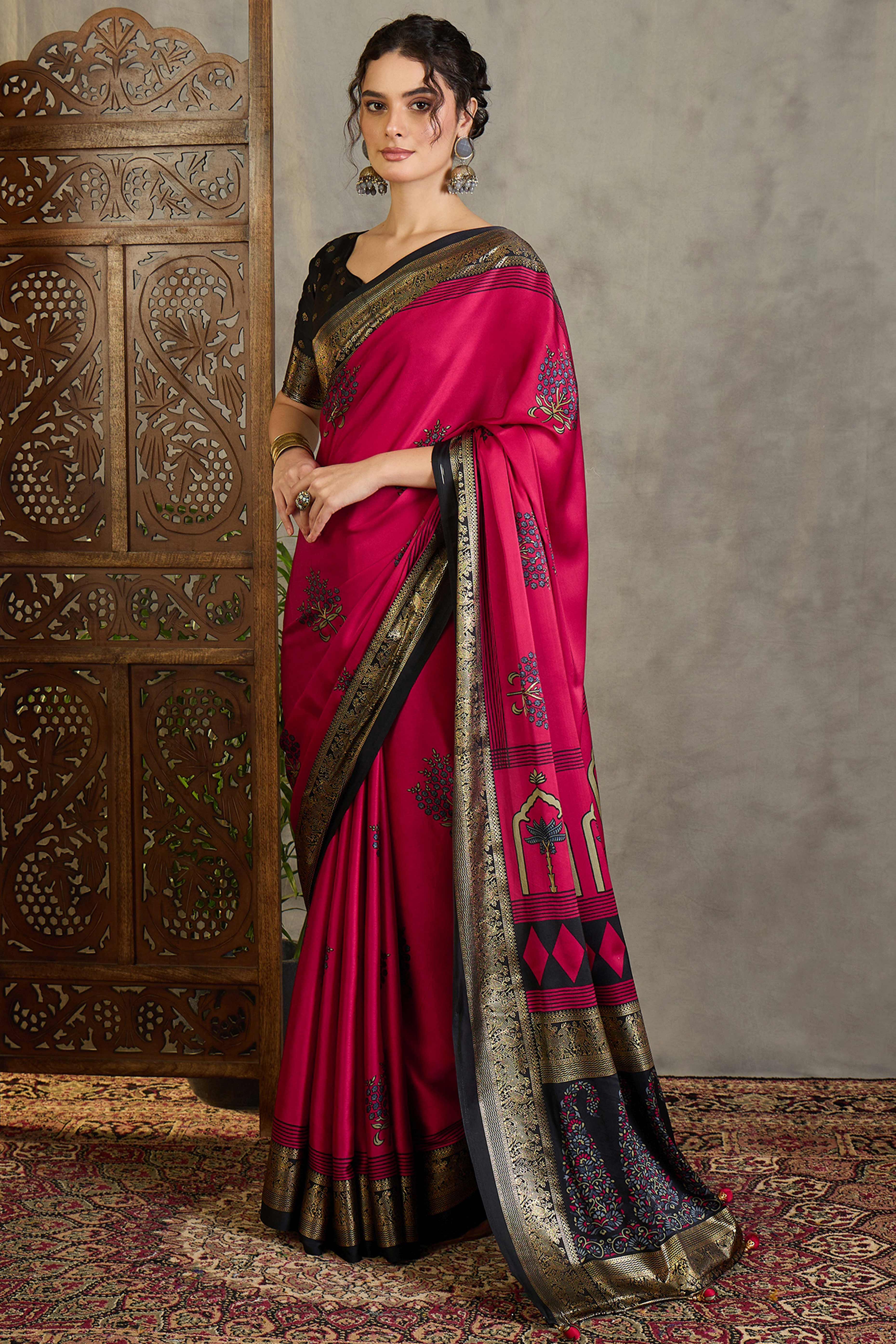 Red Floral Printed Modal Satin Saree with Traditional Zari Detailing